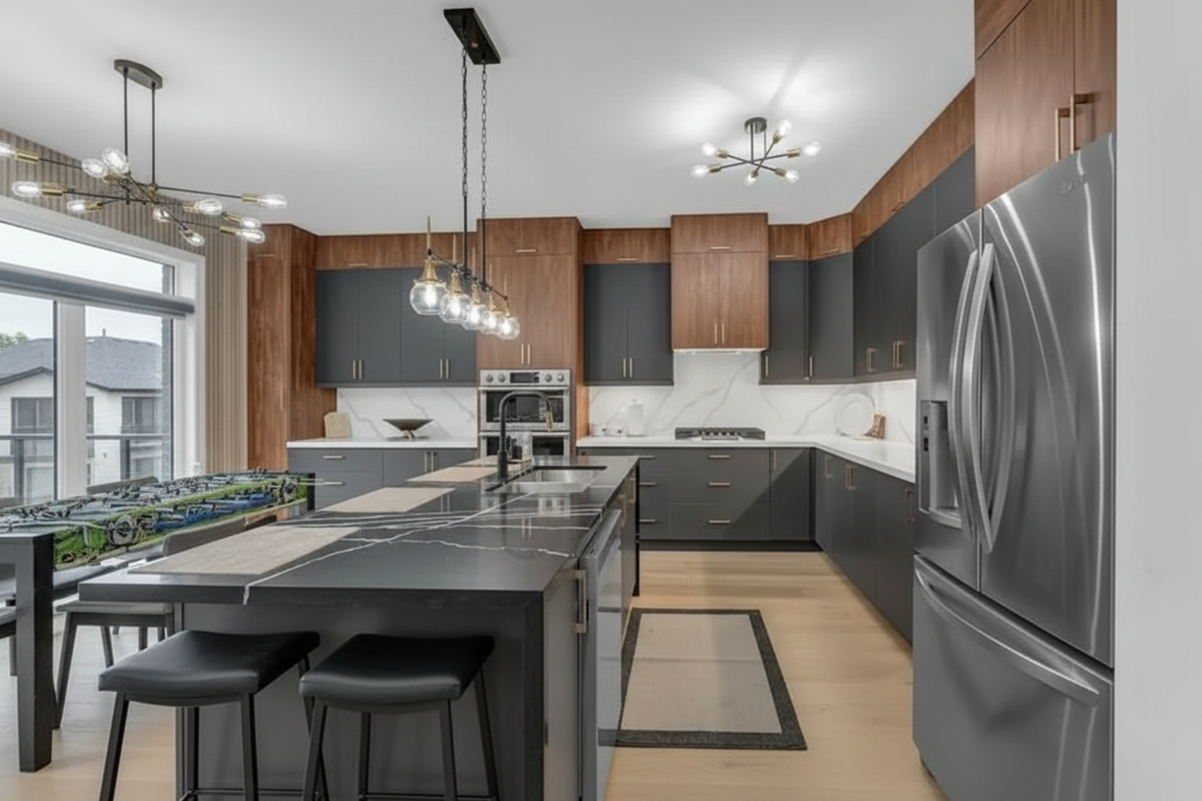 Modern kitchen with gray and wooden cabinets, marble countertops, stainless steel appliances, black kitchen island with bar stools, and multiple contemporary light fixtures.