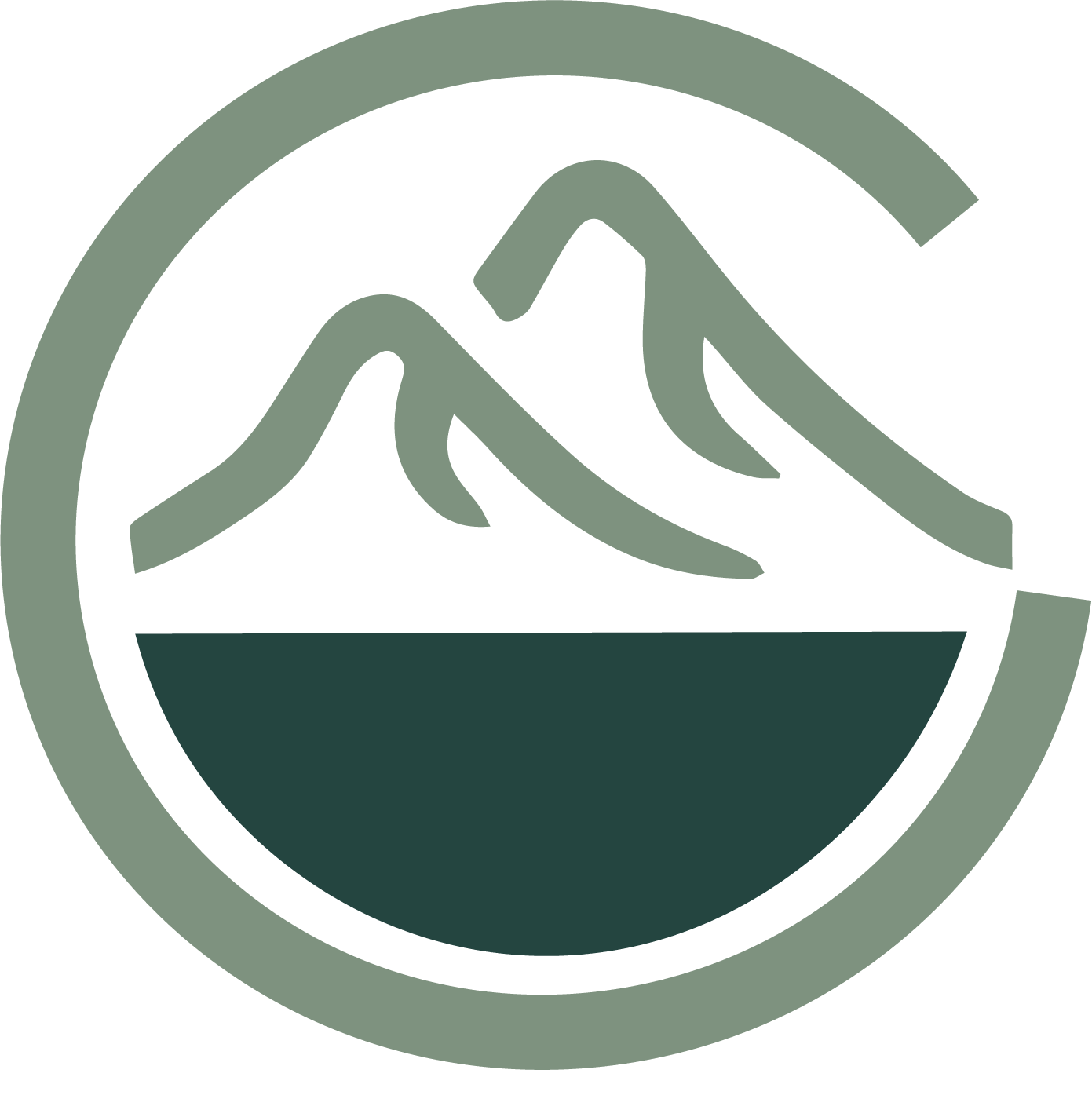 Minimalist logo with stylized mountains and a body of water inside a circular frame.