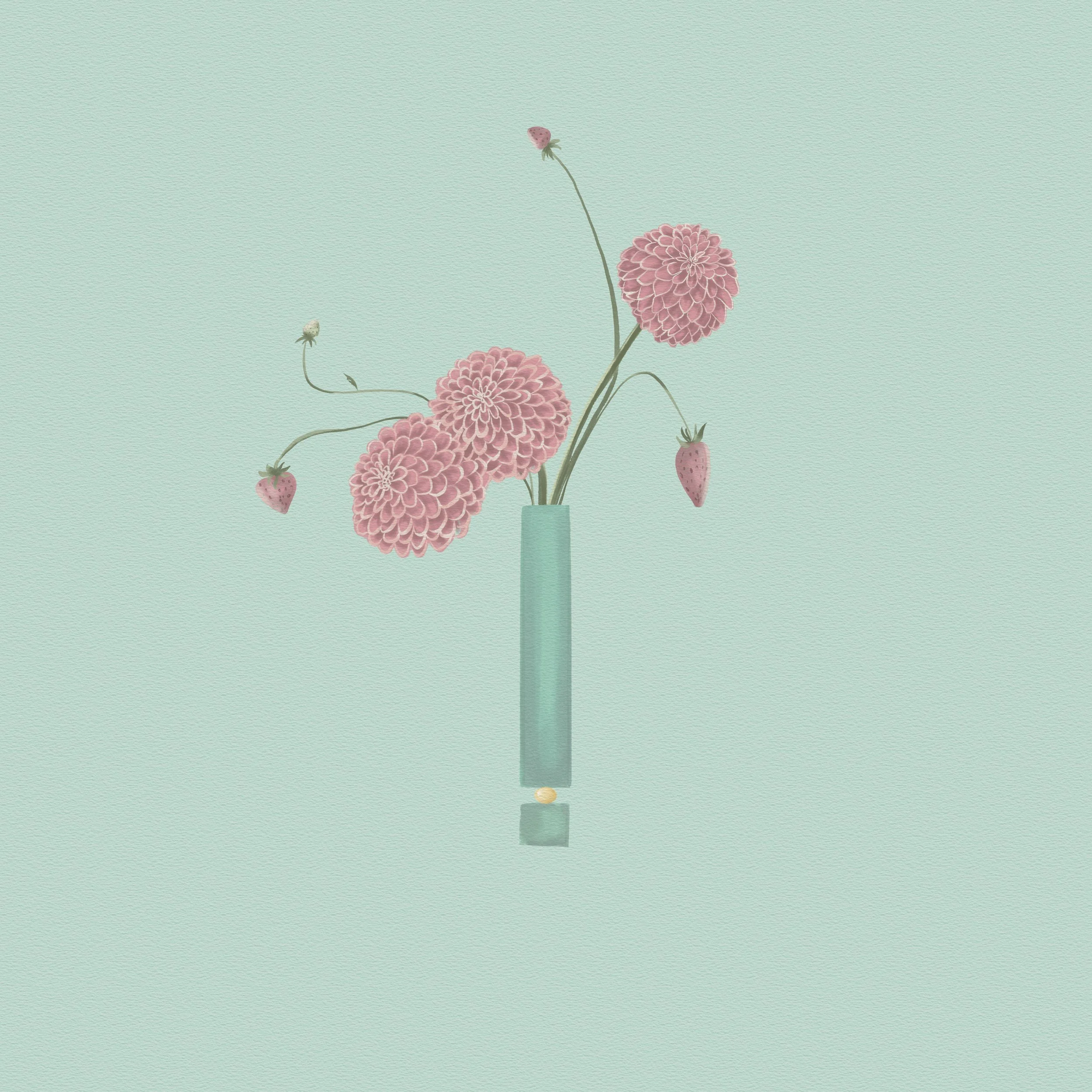 A minimalist illustration of a light blue vase holding pink flowers with strawberry-shaped buds, on a soft mint background.