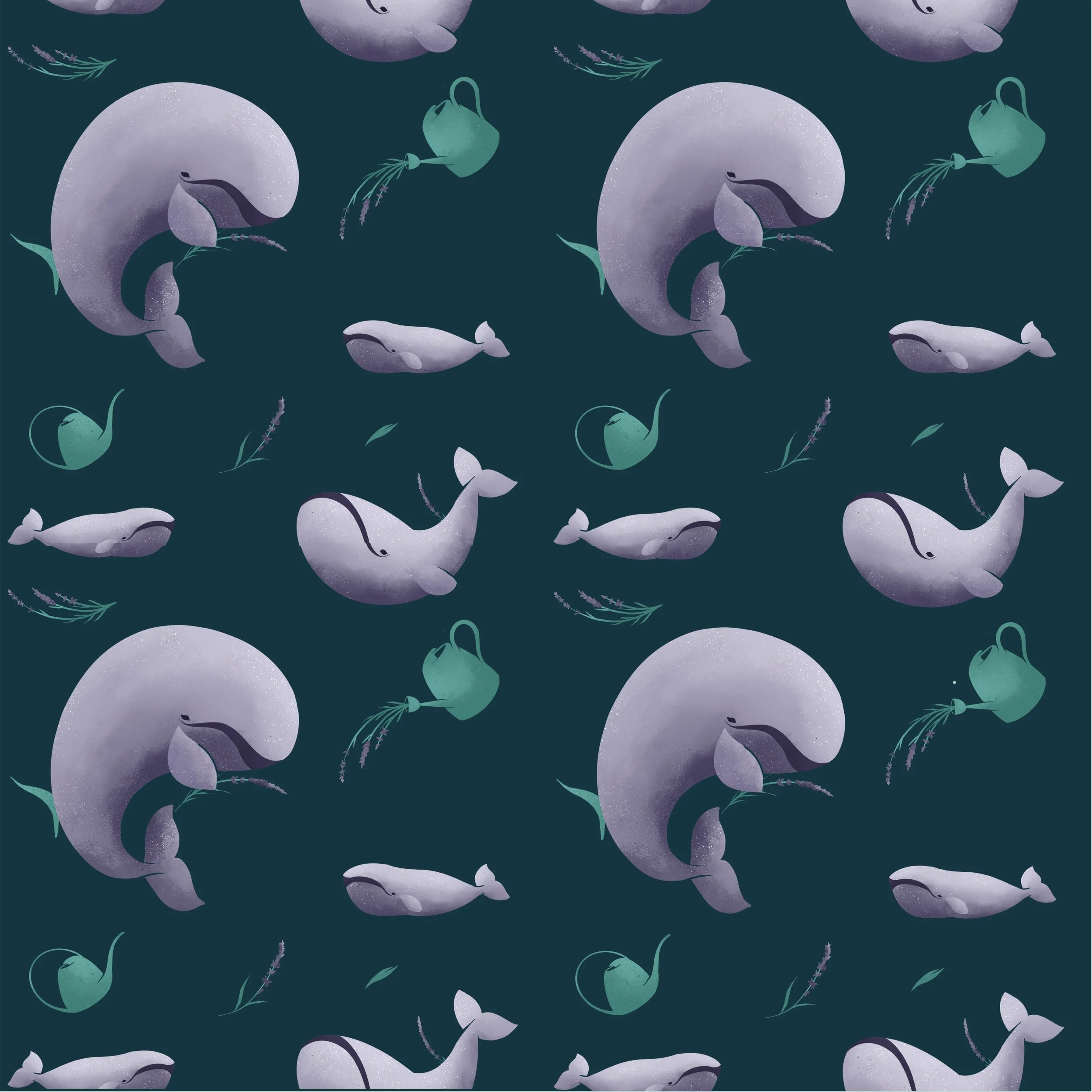 Pattern featuring whales, watering cans, and lavender sprigs on a dark teal background.