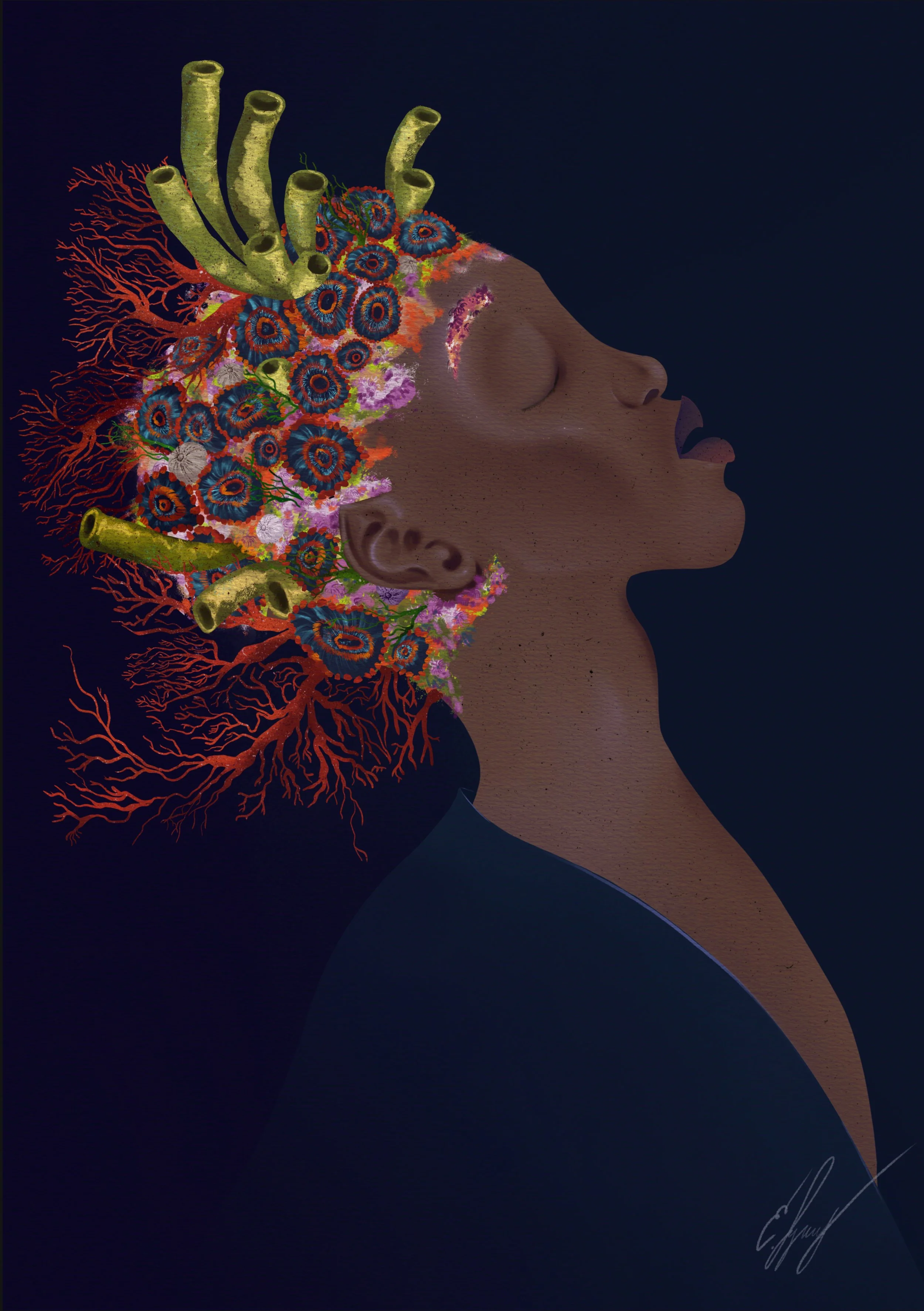 Digital artwork of a woman's profile with her face and neck visible, her head adorned with colorful, abstract patterns and shapes resembling coral and other marine life, against a dark background.