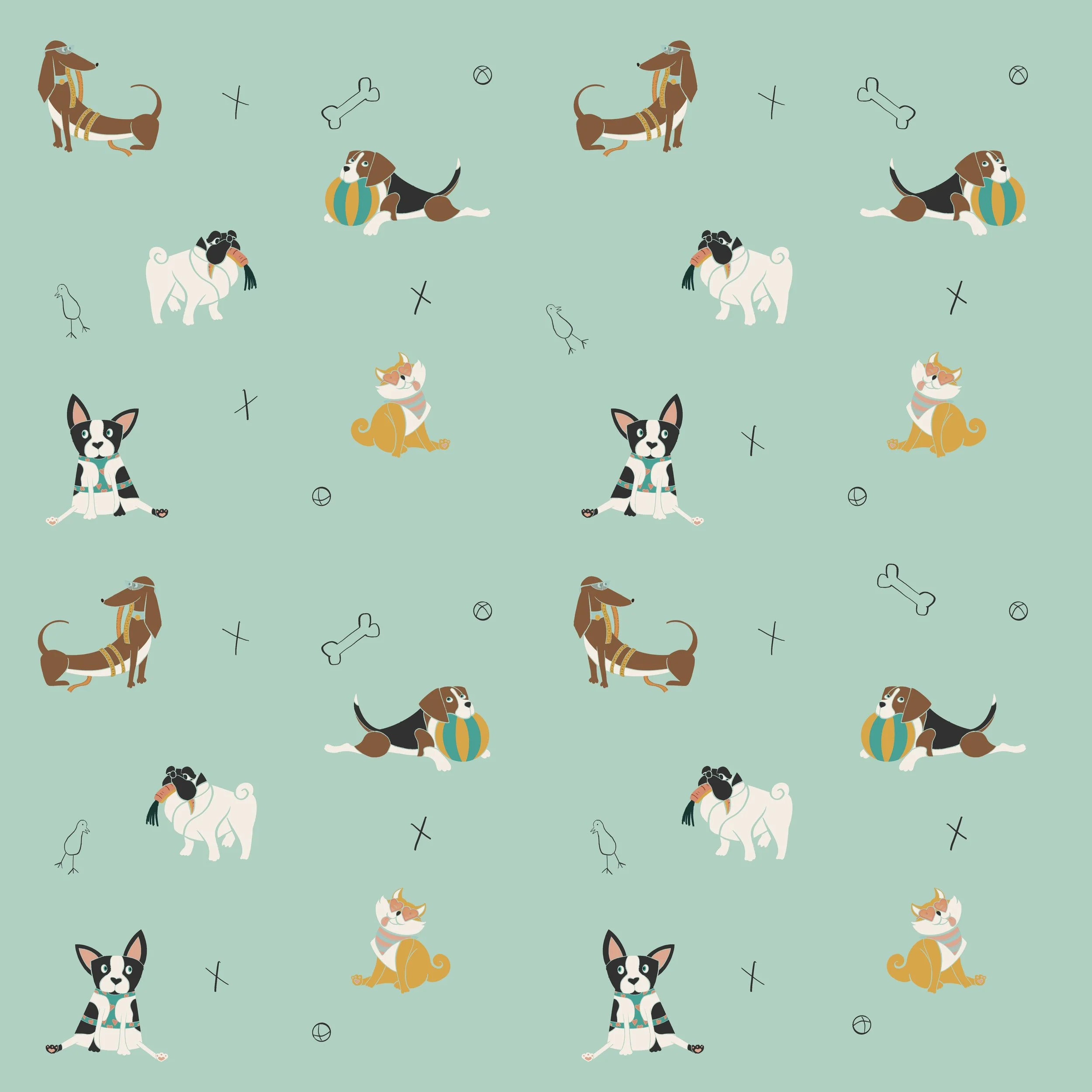 Pattern of illustrated dogs, cats, birds, bones, and play icons on a light green background.