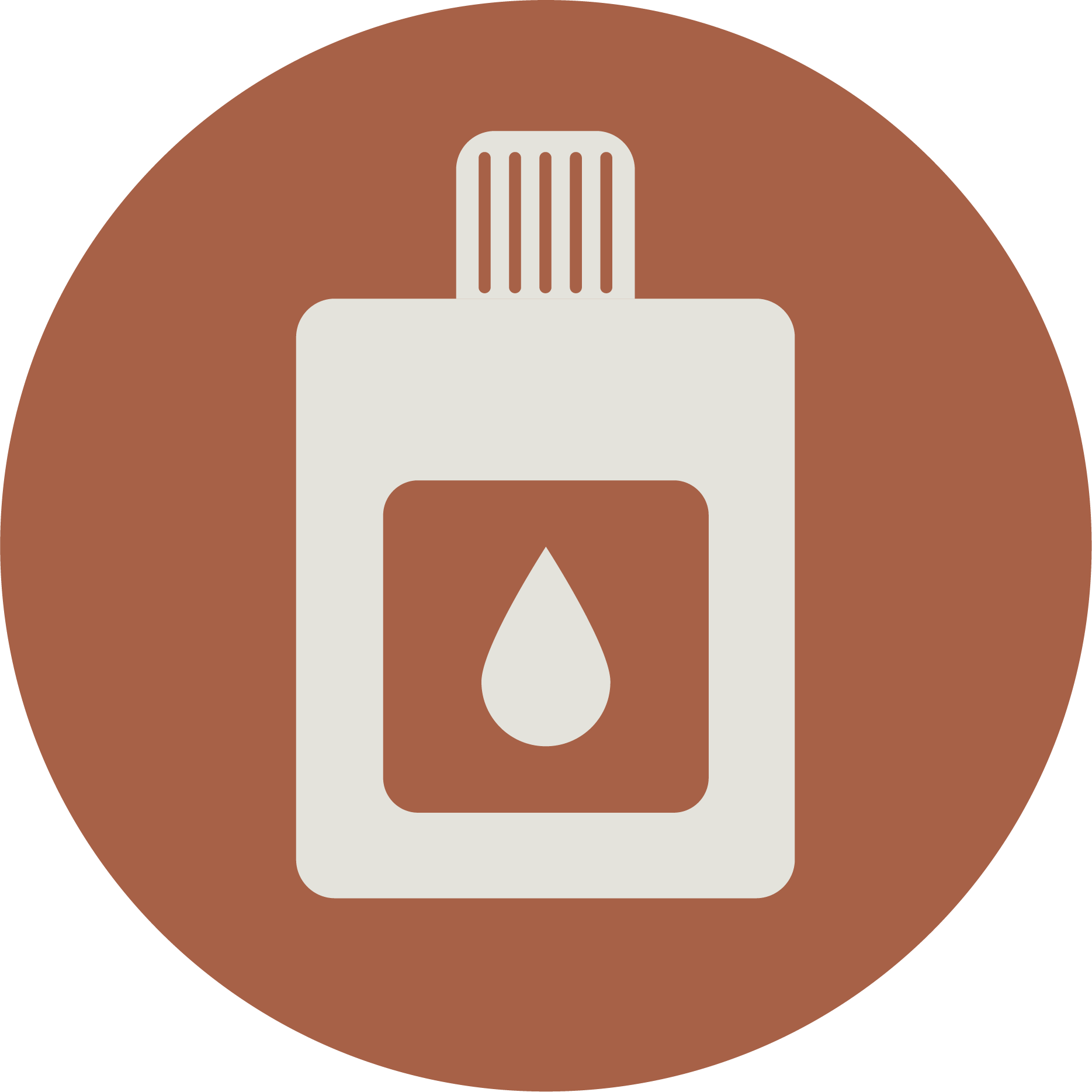 A graphic icon of a brown circular background with a white medicine or pharmaceutical bottle featuring a droplet symbol on it.