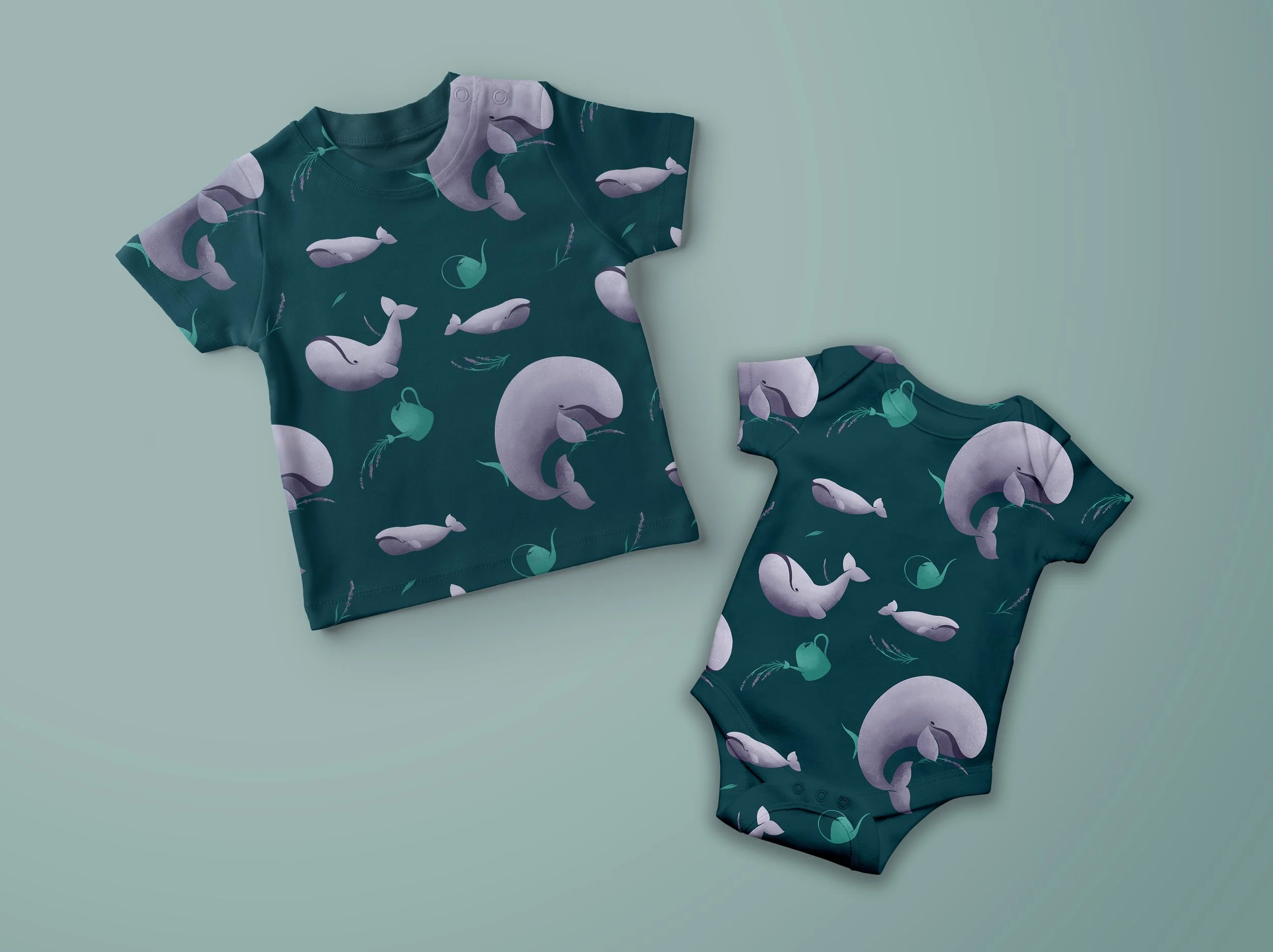 Matching teal baby shirt and onesie with whale and fishing boat pattern
