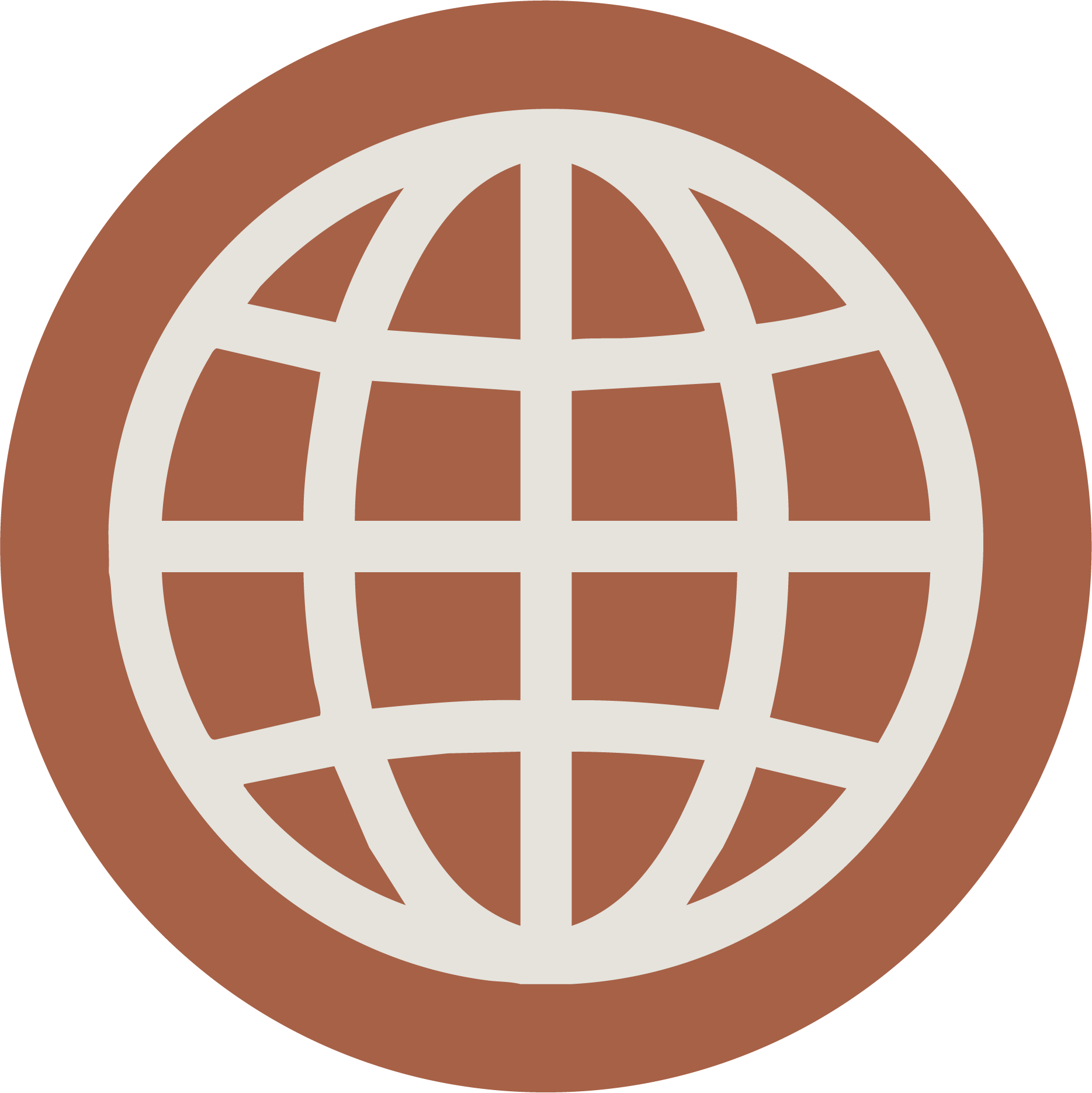 Icon of a globe with latitude and longitude lines in white on a brown circular background.