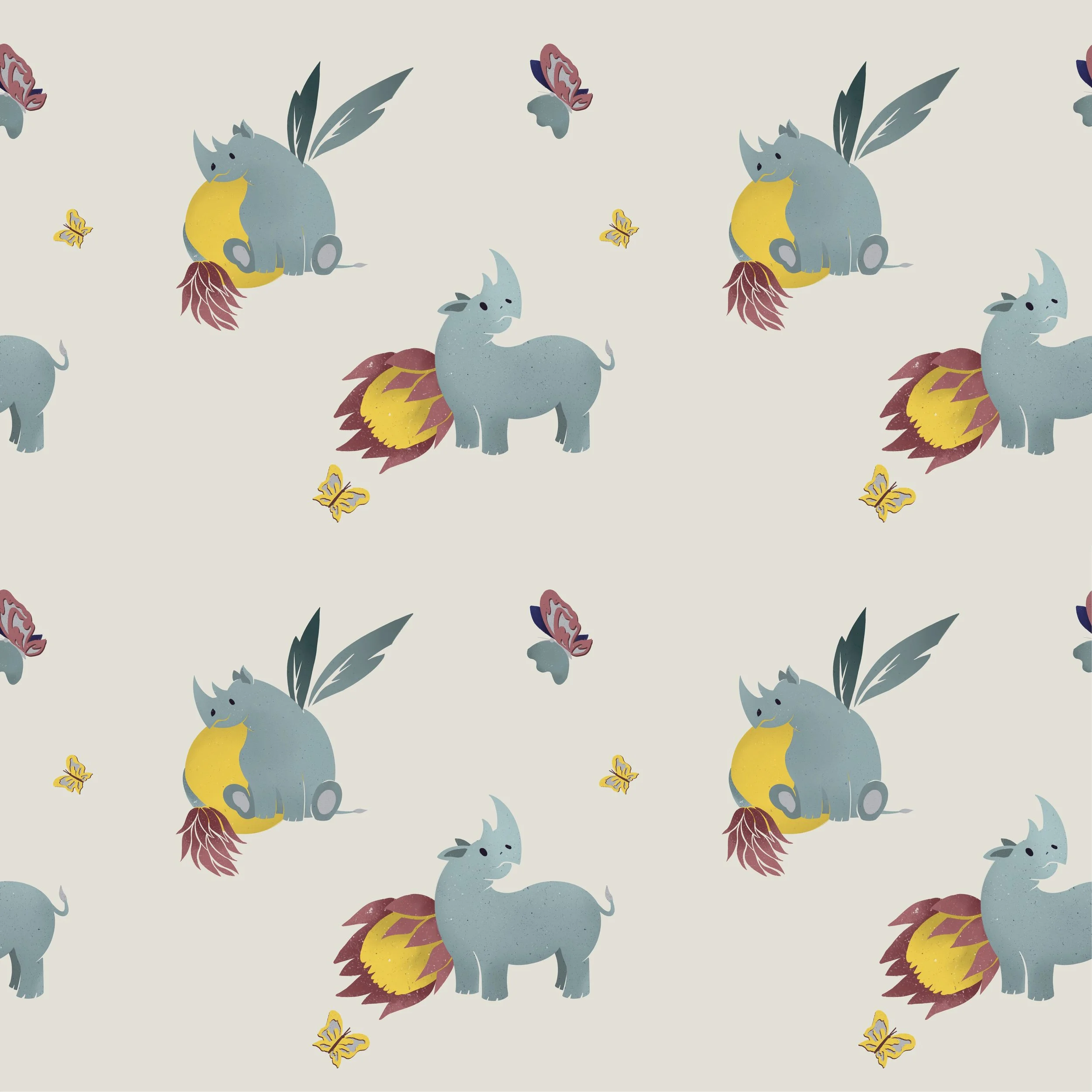 Pattern featuring cartoon-style creatures with animal and plant features, including elephants with flower-like tails, dragons with fiery tails, butterflies, and leaves, on a light background.