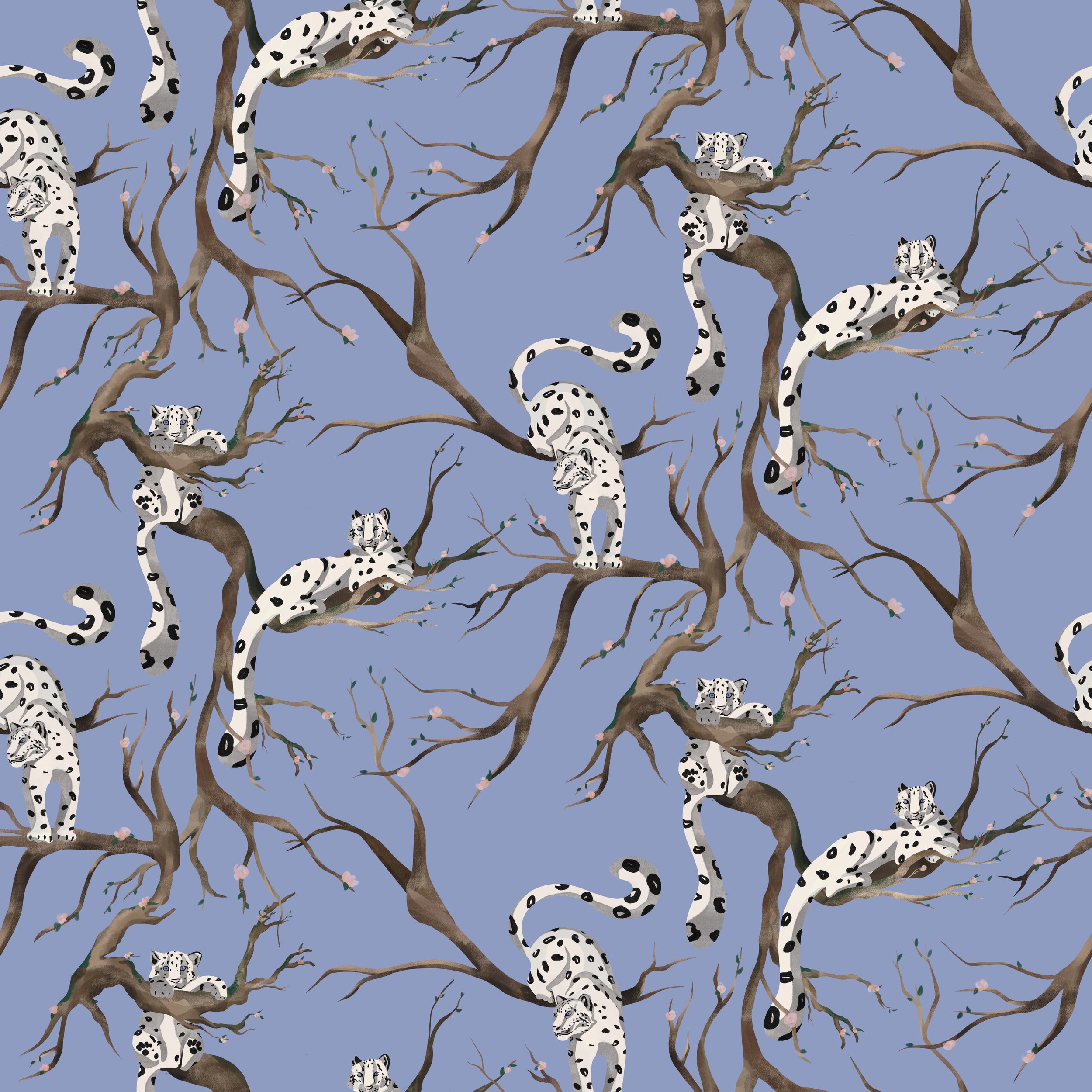 Pattern of white snow leopards resting on brown tree branches with pink blossoms, set against a blue background.