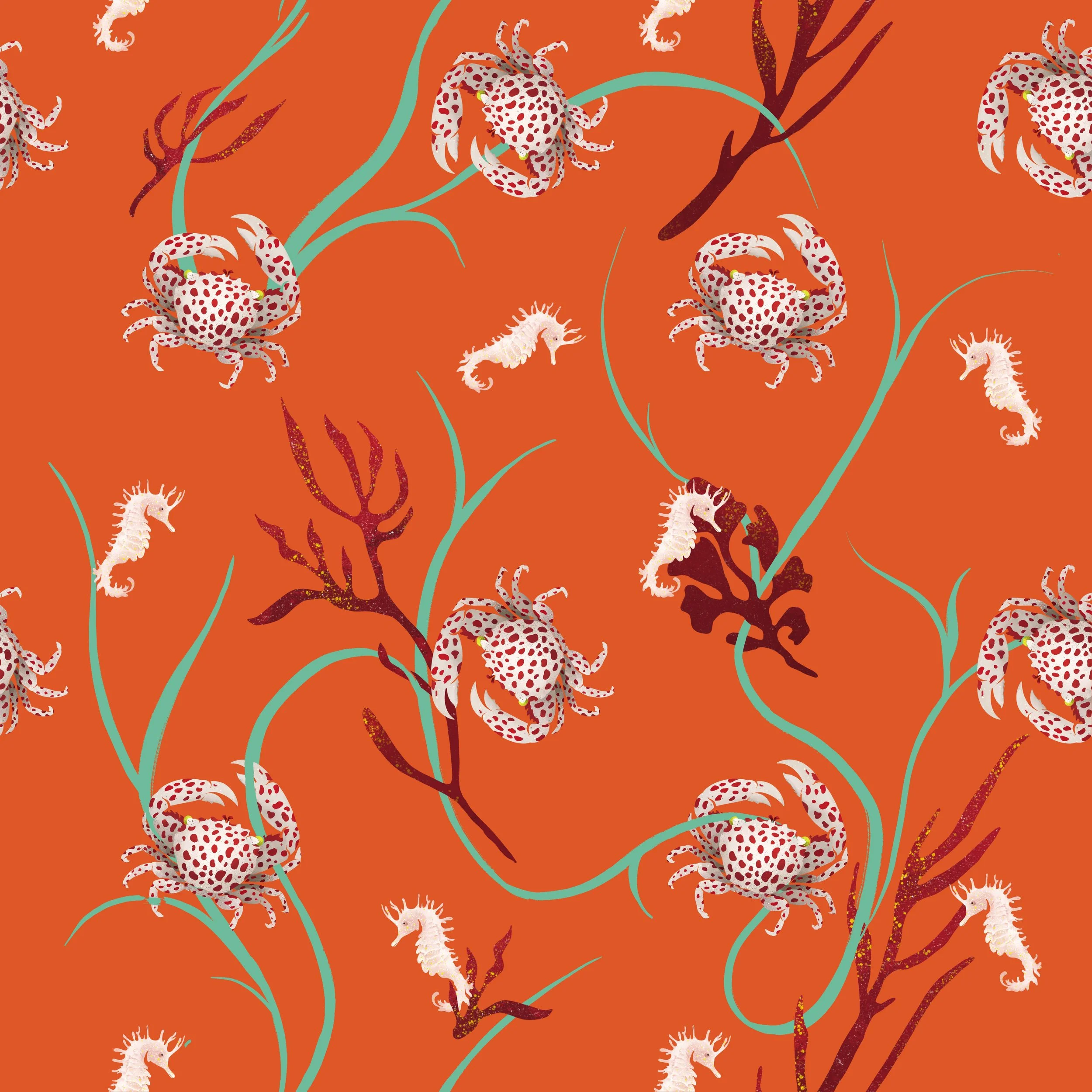 A vibrant orange background featuring a floral pattern with pink and red crab illustrations, white seahorses, teal leaves, and dark red branches.
