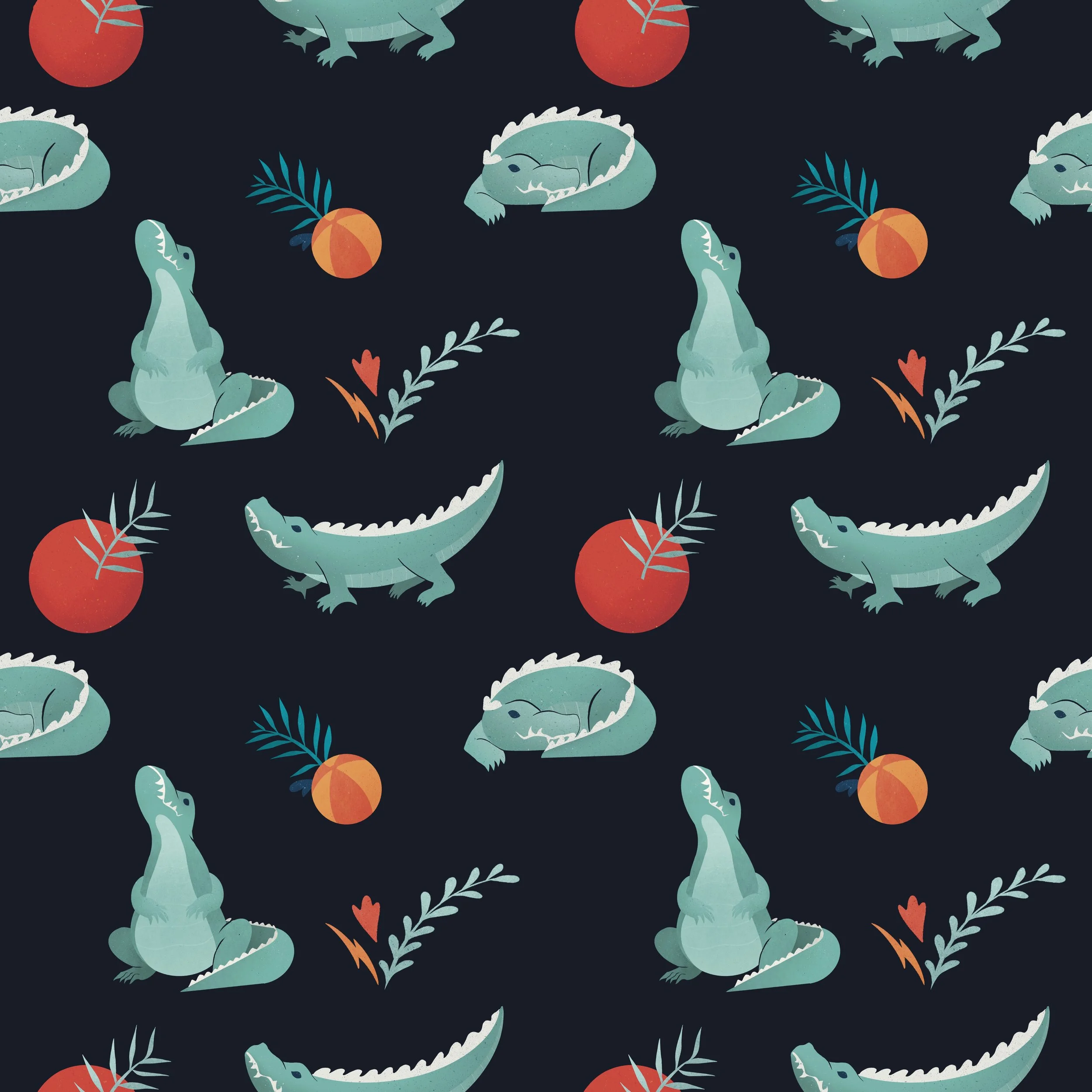 A repeating pattern featuring cartoon crocodiles, sleeping crocodiles curled up, alligators, tomatoes, plants, and hearts on a dark background.
