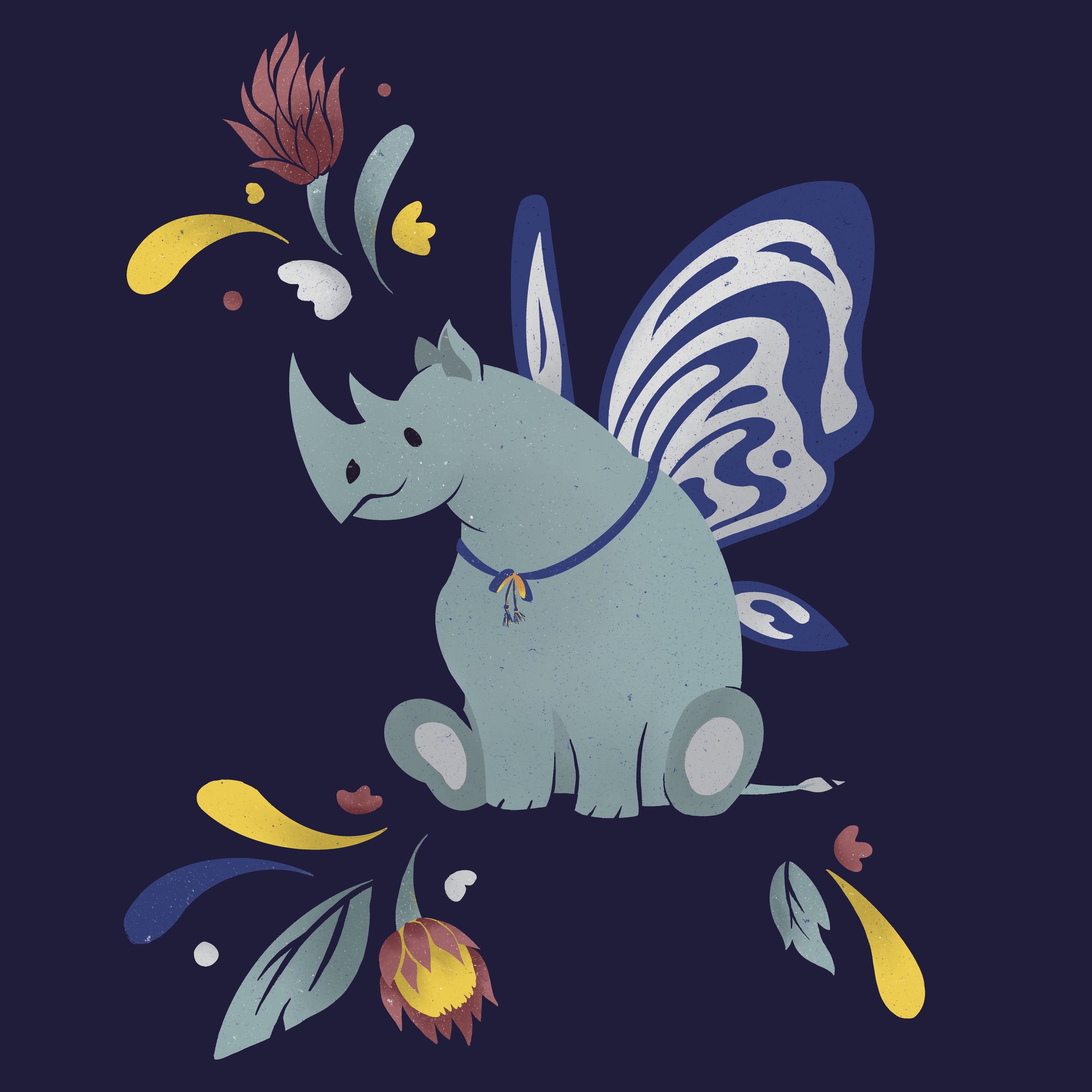 A whimsical illustration of a cute creature with the body of a rhinoceros, butterfly wings, and butterfly antennae, sitting on a dark background with colorful floral elements surrounding it.