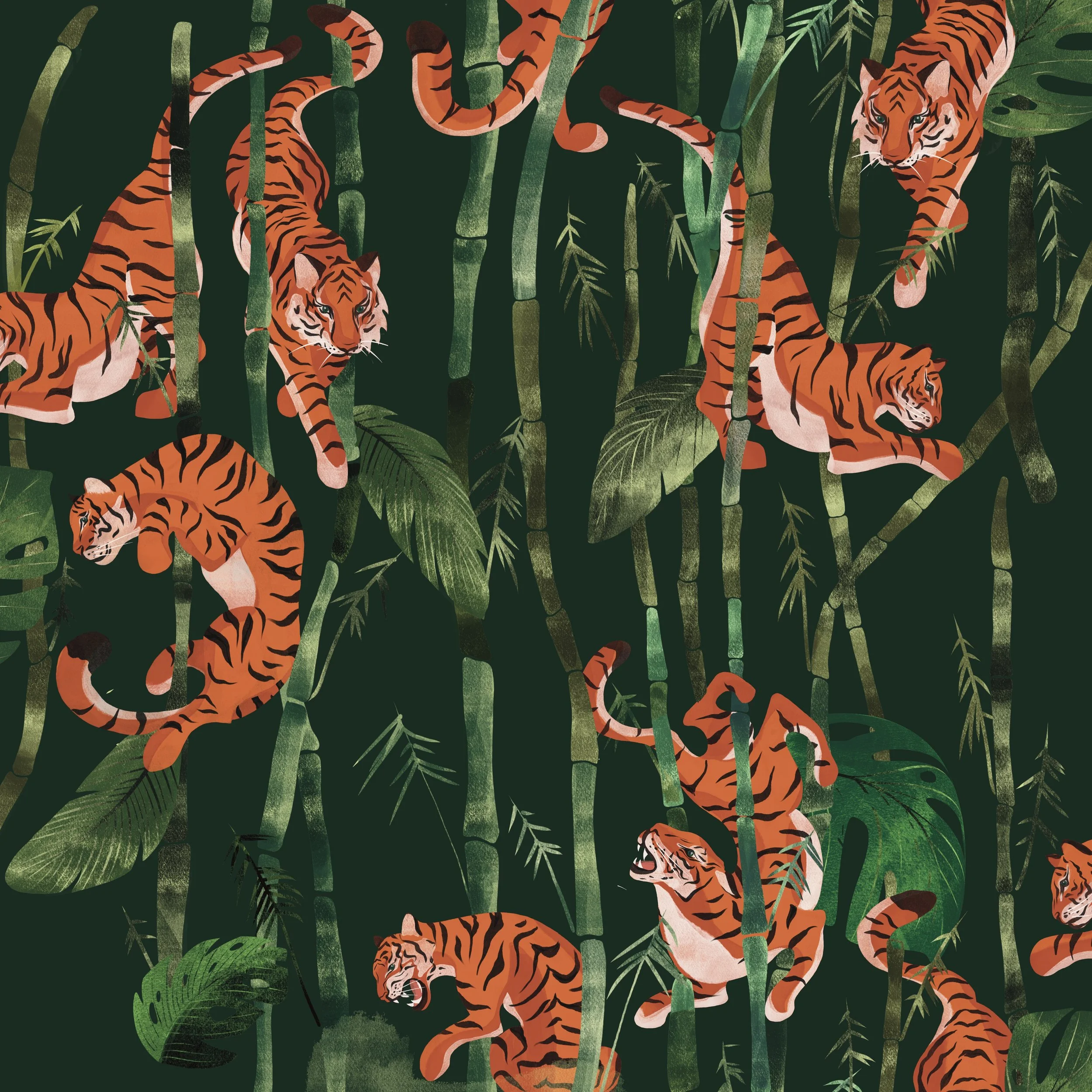 Pattern of multiple tigers walking and resting among bamboo stalks and tropical leaves in a dense jungle setting.