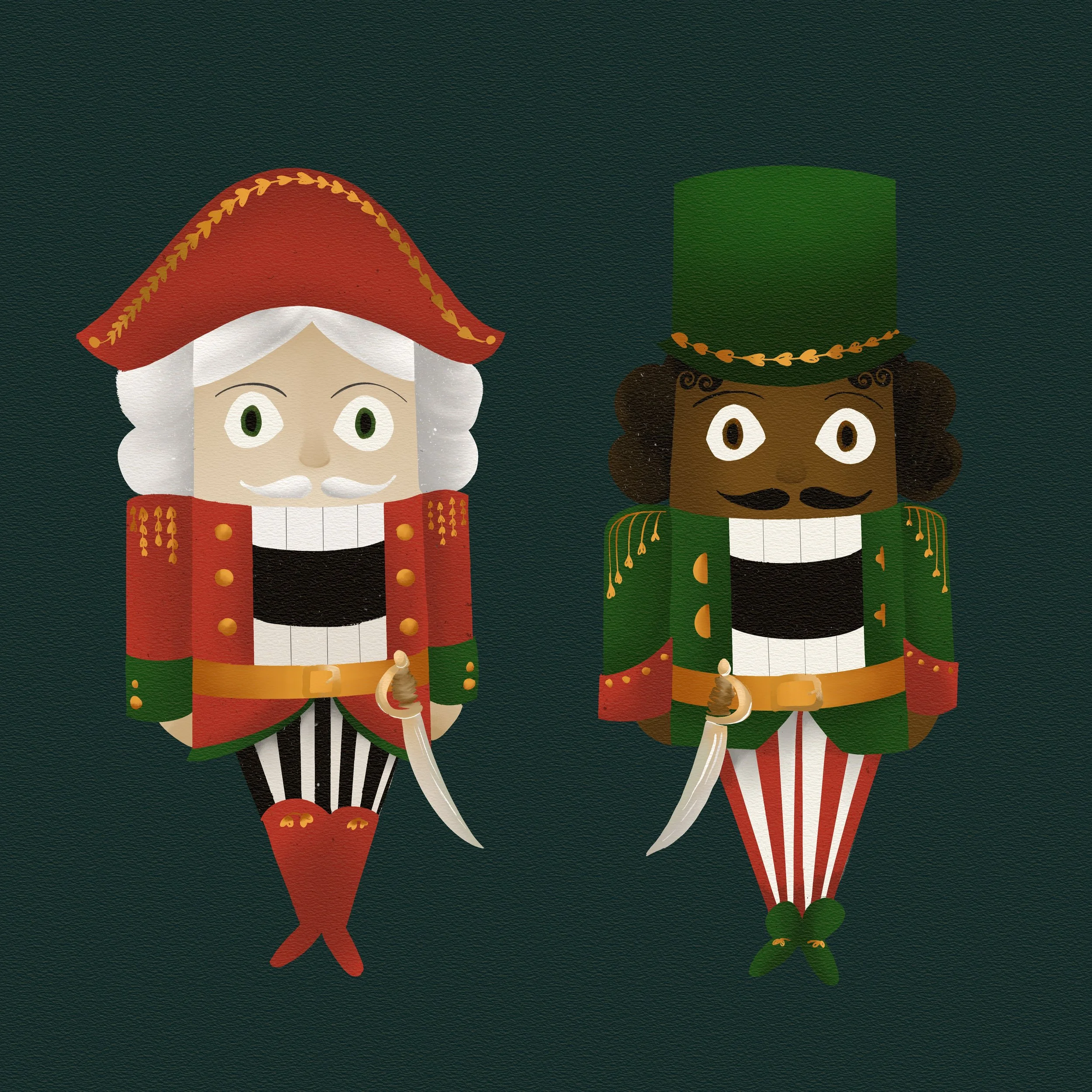 Two cartoon nutcracker soldiers dressed in red and green costumes with striped pants, holding swords, standing against a dark background.