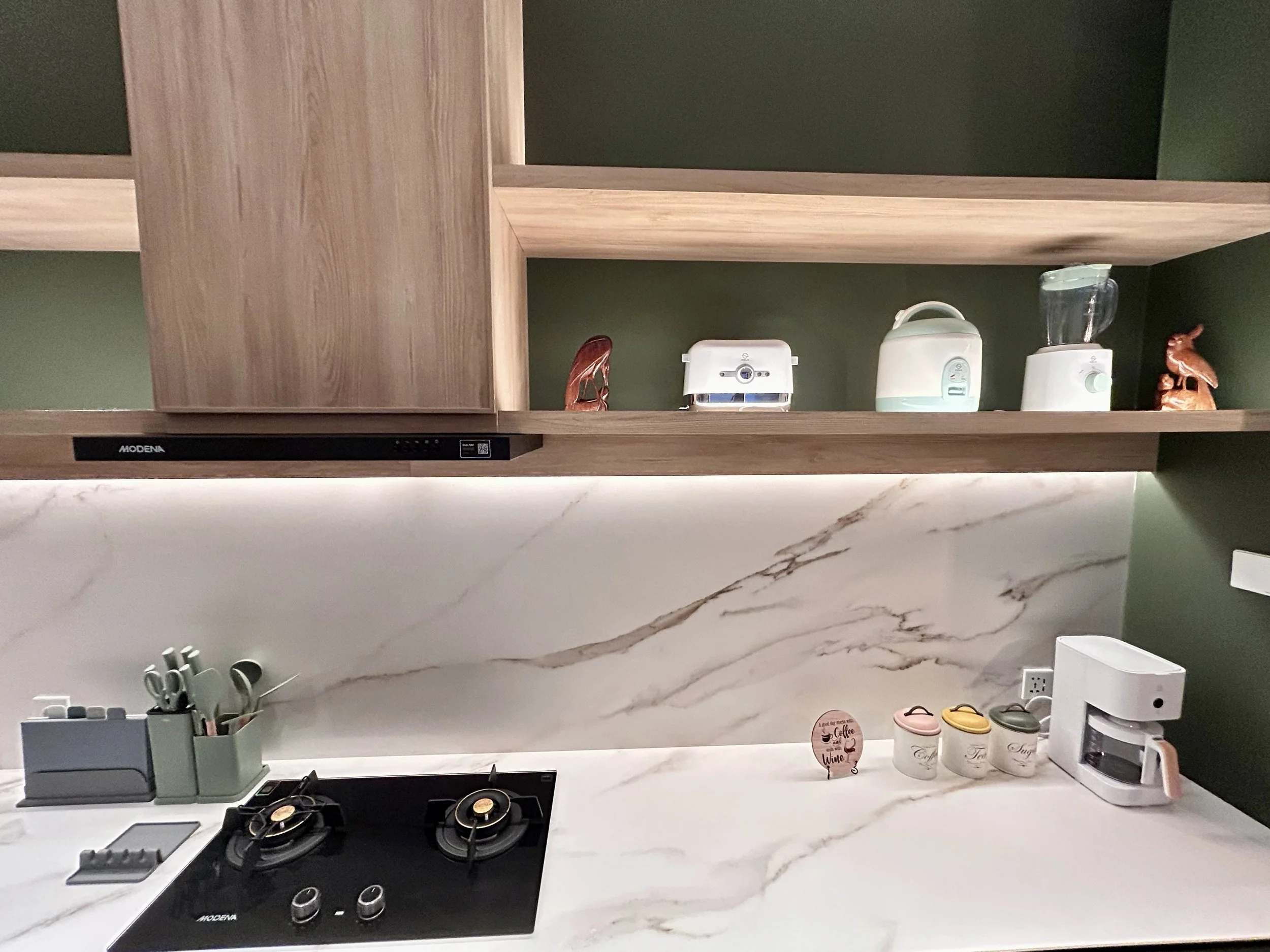 Kitchen countertop with cooktop, various kitchen utensils, and jars near coffee maker, with wooden shelves and green wall in the background.