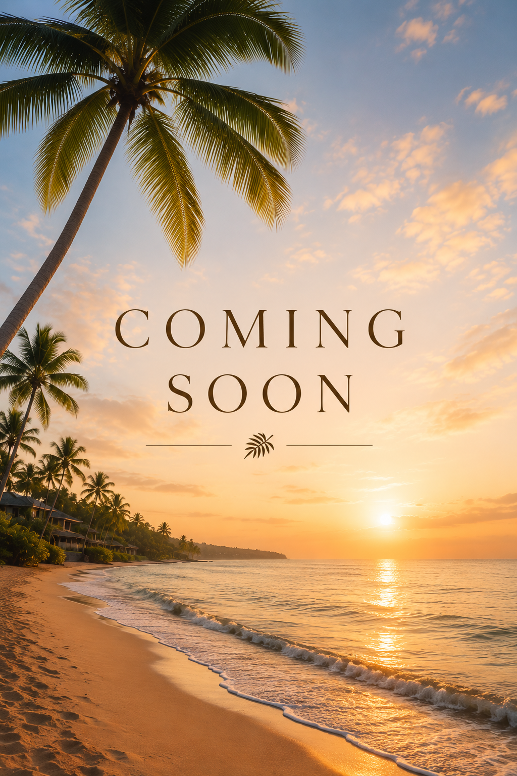 Sunset over a beach with palm trees, with the text 'Coming Soon' in the center.