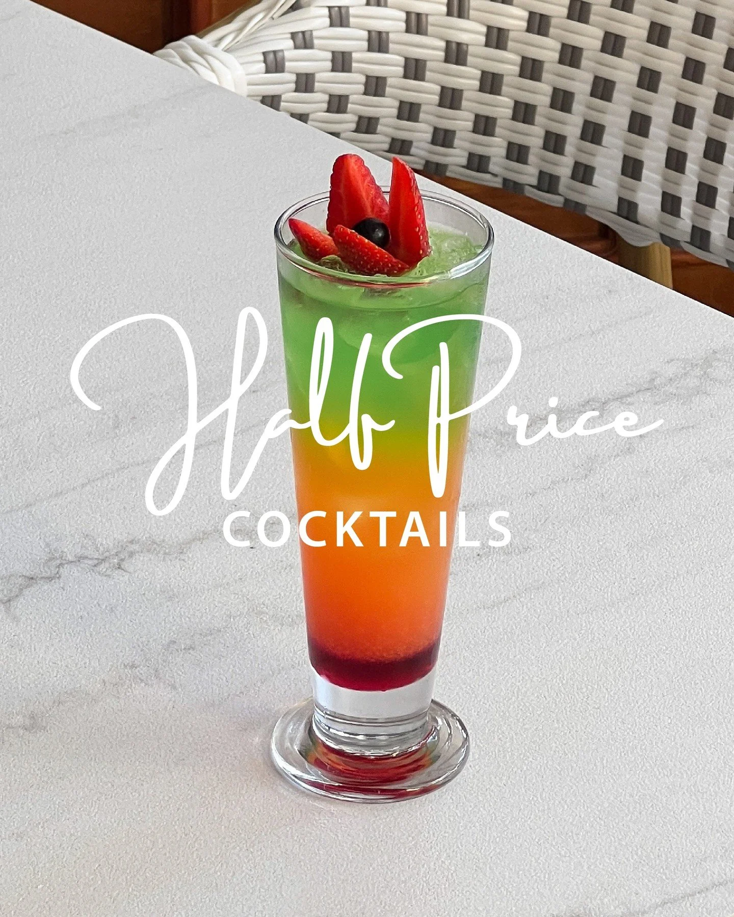 A little colour, a lot of flavour. 🍸 Even better? Enjoy our cocktails at half the price until 31 May, 3pm&ndash;7pm. The perfect excuse to sip, stay, and savour a little longer.

Terms &amp; Conditions
Available from 3pm until 7pm, 4 &ndash; 31 May.