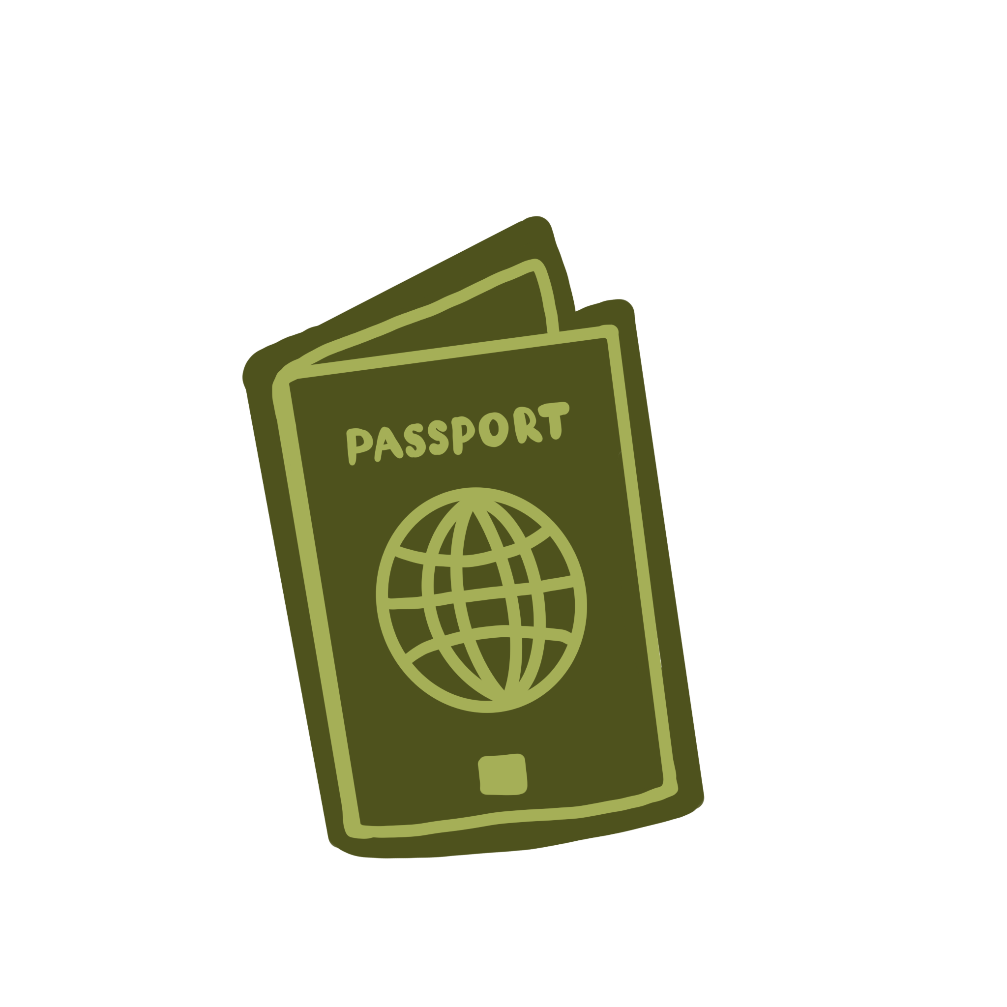 Illustration of a green passport with a globe symbol on its cover.