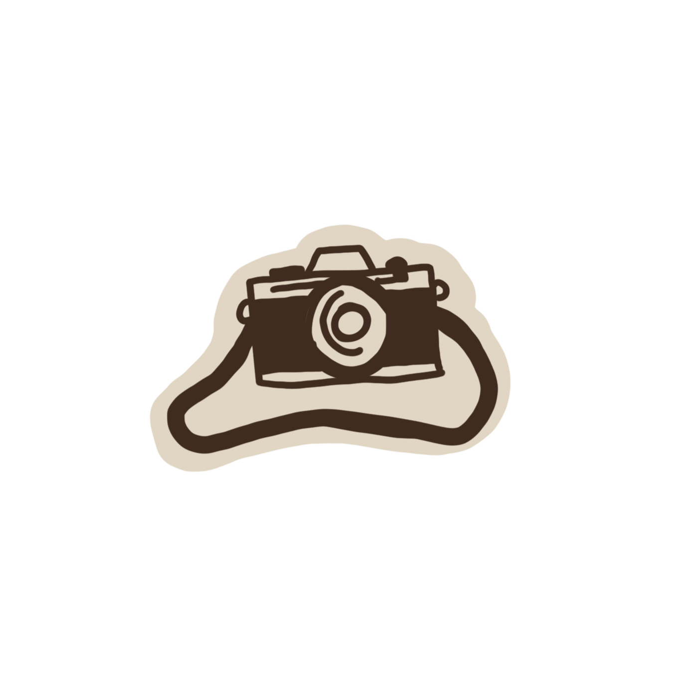 A brown outline drawing of a camera on a beige background.