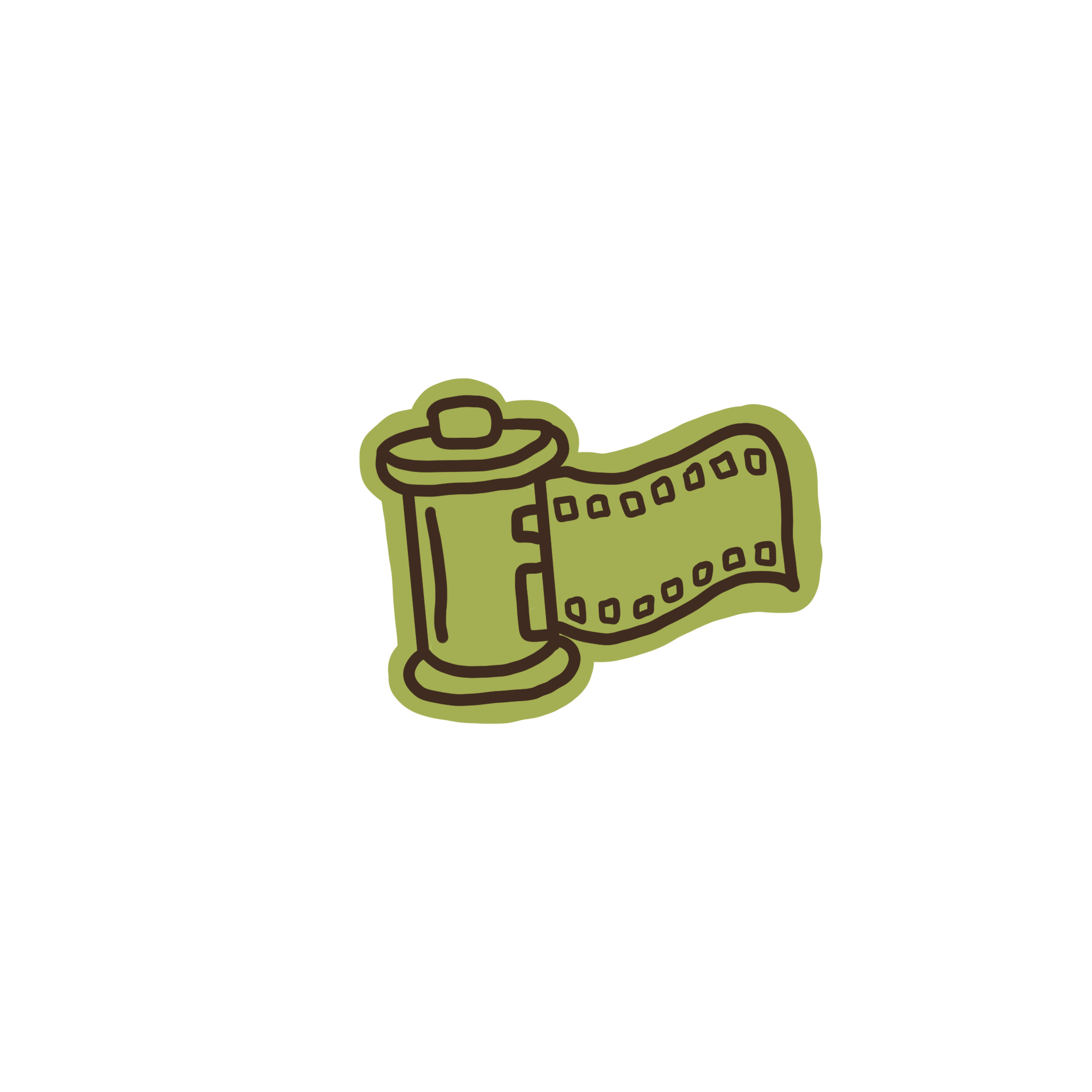 Outline drawing of a yellowish-green vintage calculator with a strap handle and a cord at the back, featuring a keypad of small square buttons and a small display