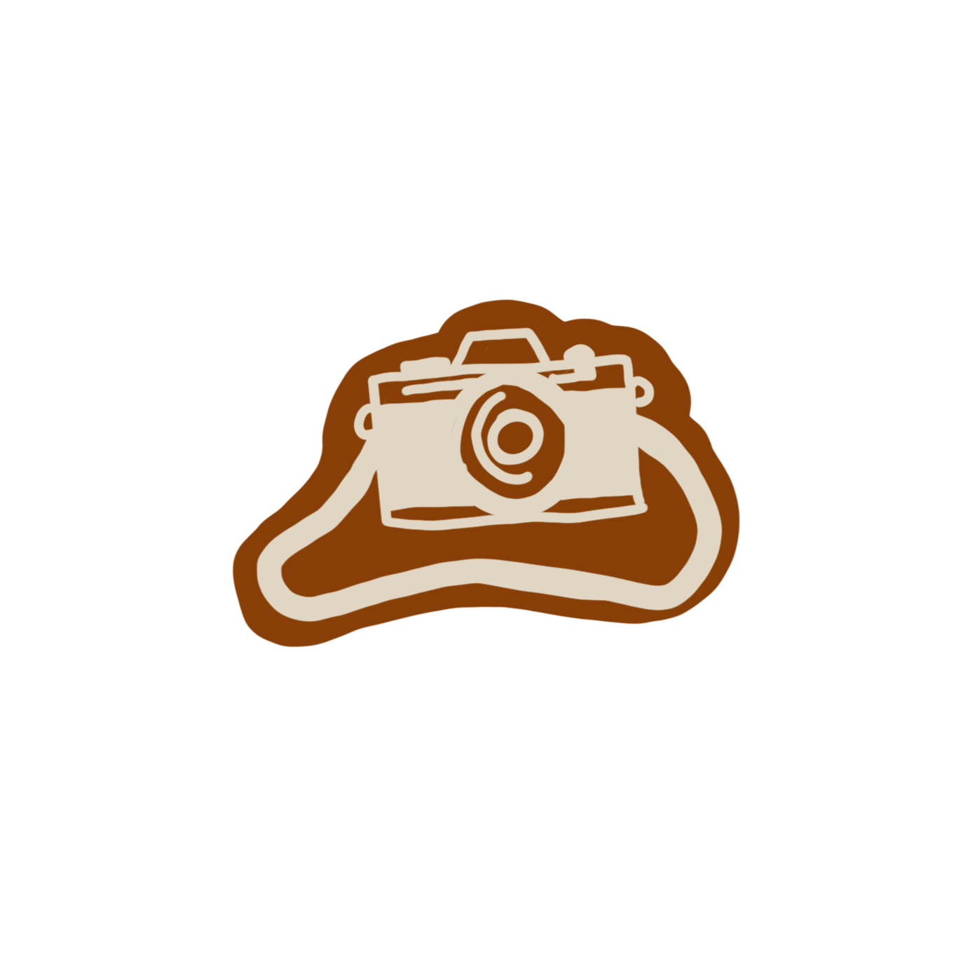Illustration of a camera on a hat with a red and olive green background.