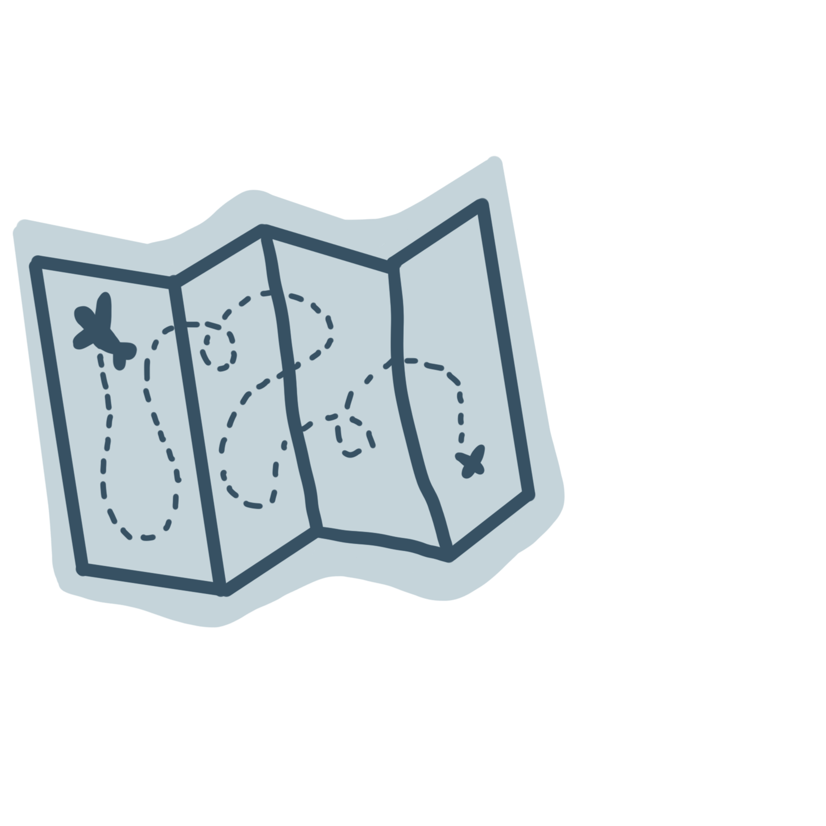 Illustration of a folded paper map with dashed lines and arrows depicting a trail or route.