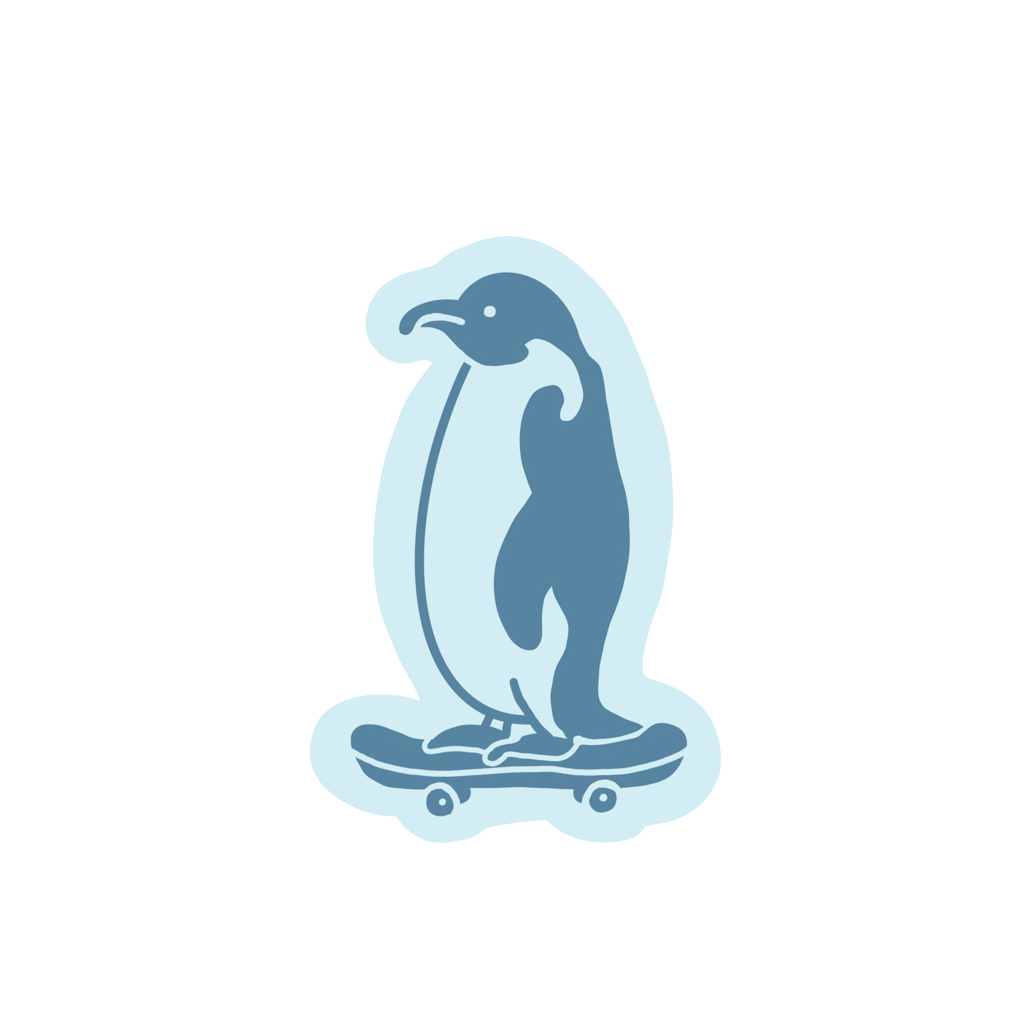 A cartoon illustration of a grey bird with a dark beak and wing is standing on a skateboard. The bird has large eyes and appears happy.