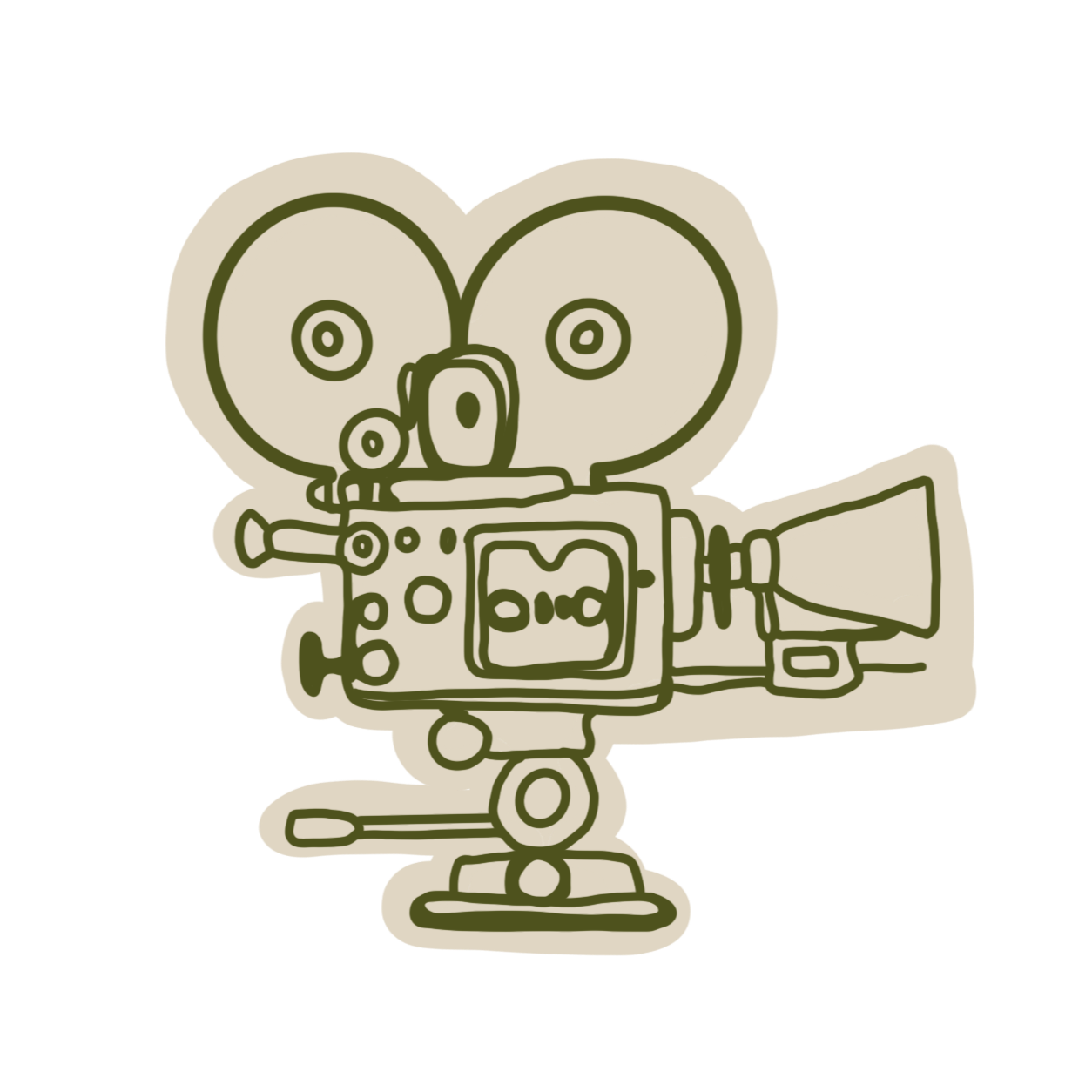 A line drawing of a vintage film camera with two large reels on top and a spotlight attached on the side.