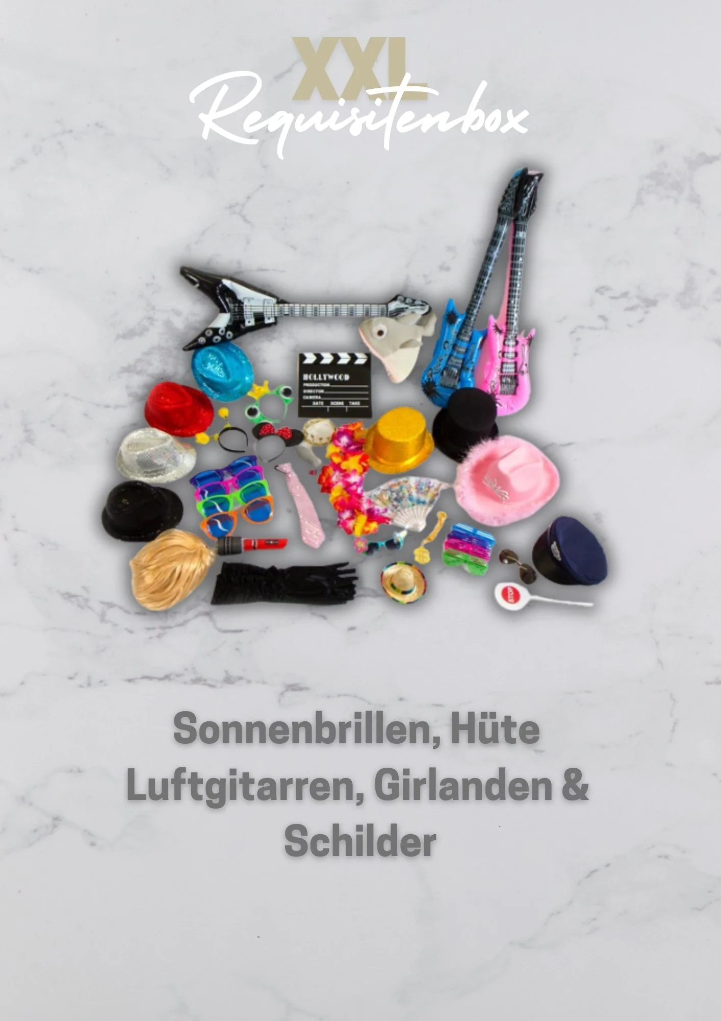 Collage mit Sonnenbrillen, Hüten, Luftgitarren, Girlanden und Schildern, die die Themen der Party wie Musik und Spaß repräsentieren.