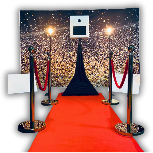 Fotowand mit Rotem Teppich, Absperrungen, Scheinwerfern und Fotoprop