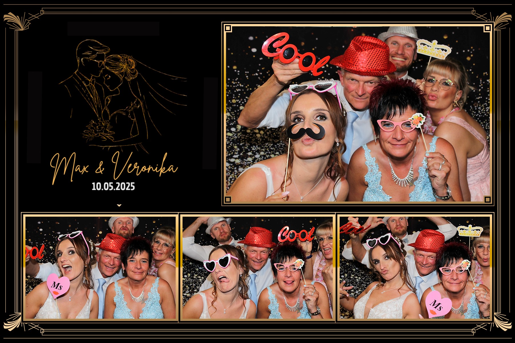 Fotokabinenbild mit fünf Personen bei einer Hochzeit, die lustige Requisiten tragen und Posen machen, mit Goldspartikeln im Hintergrund und Hochzeitsdaten sowie Namen auf der linken Seite.