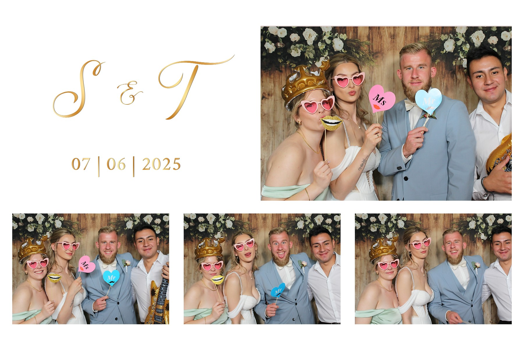 Fotocollage von vier Freunden bei einer Hochzeit am 7. Juni 2025, in lustigen Requisiten wie Herzbrillen, goldener Krone und Home-Signs mit der Aufschrift 'Mrs' und 'Mr', gegen einen Holzhintergrund mit weißen Blumen.