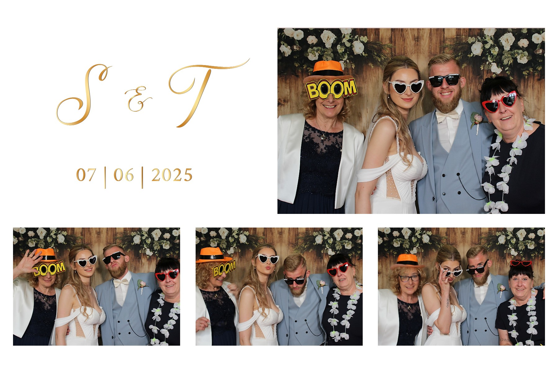Fotokollage einer Hochzeitsfeier mit einem Brautpaar und zwei Frauen in einer Fotobox, alle tragen lustige Accessoires wie Sonnenbrillen und einen »BOOM«-Schild. Datum 07.06.2025, Schriftzug mit "S & J".