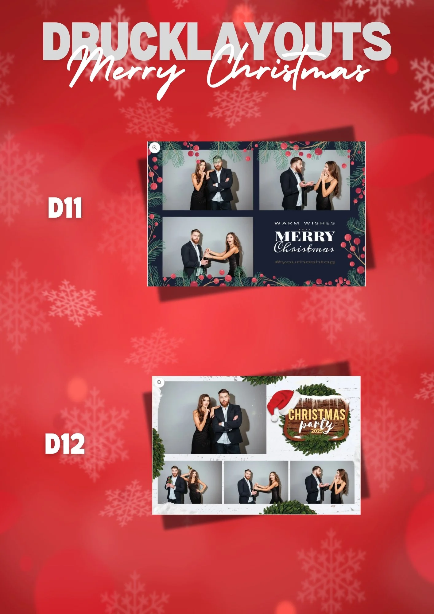 Ein Weihnachtsfoto mit Paaren, die festliche Kleidung tragen, im Stil eines Fotobooths, mit Weihnachtsdekoration und Texten wie 'Merry Christmas' und 'Christmas Party 2023'.