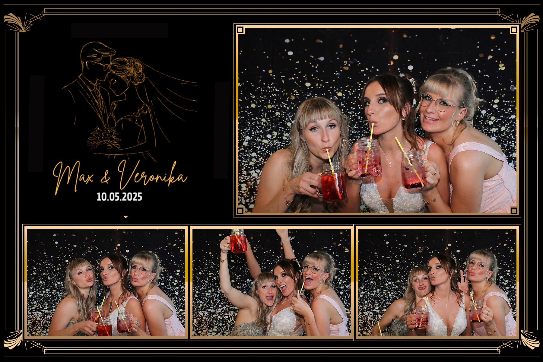 Fotocollage mit drei Bildern von drei Frauen, die bei einer Feier lachend und trinkend fotografiert wurden, vor einem schwarzen Hintergrund mit goldenen und weißen Dekorationen und einer Illustration eines tanzenden Paares, mit Text "Max & Veronika, 10.05.2025".