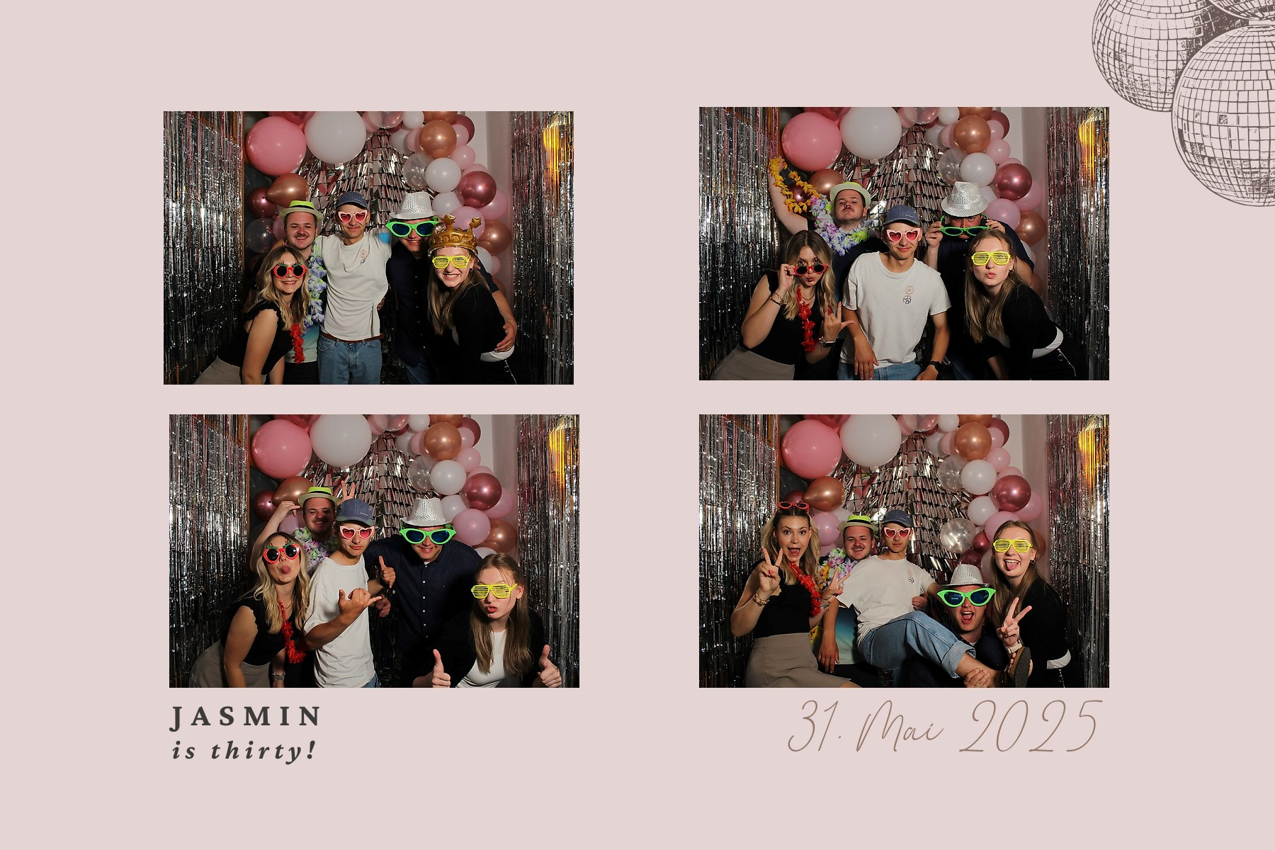 Vier Fotos von Freunden, die auf einer Party mit Luftballons, Girlanden und Metallic-Dekoration feiern. Sie tragen bunte Brillen, Hüte und Partyaccessoires. Datum 31. Mai 2025, Geburtstag von Jasmin, wird erwähnt.
