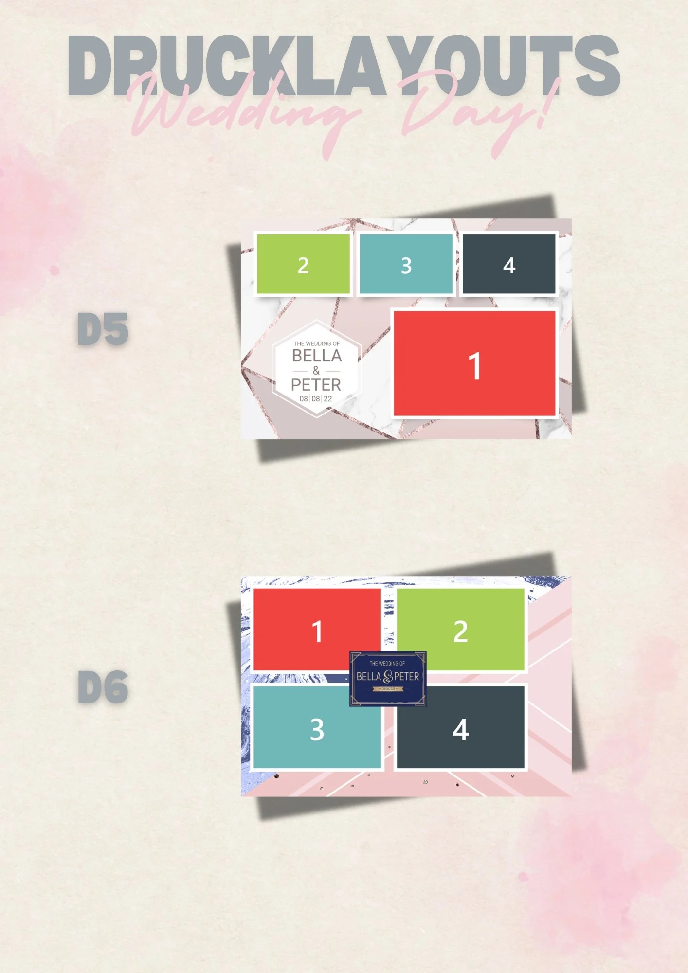 Vergleich der Drucklayouts für die Hochzeit von Bella und Peter, zeigt zwei unterschiedliche Karten mit Farbvariationen und Platzierungen der Sitzplätze, Datum 08.08.22.