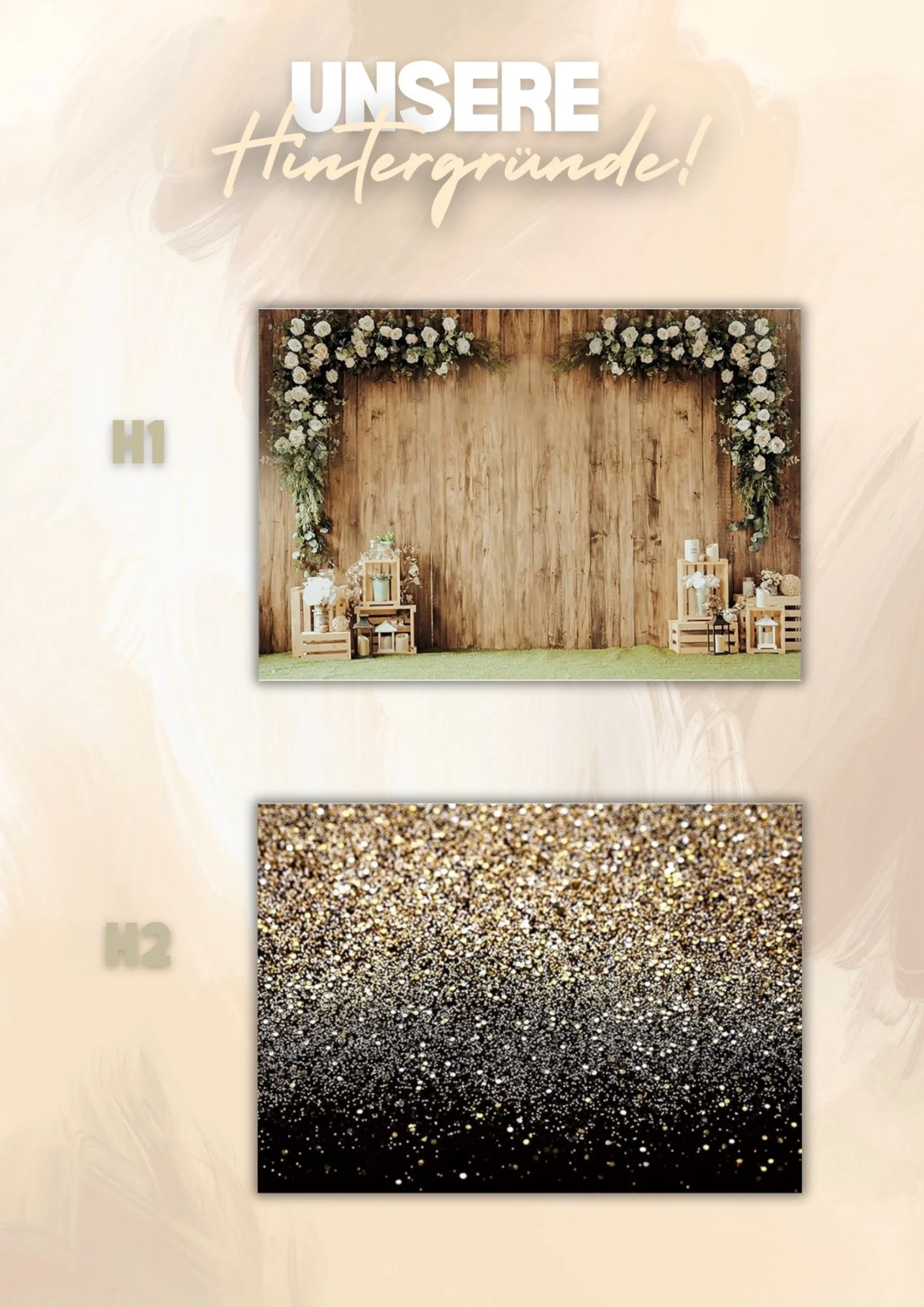 Ein vorbereiteter Hintergrund für eine Veranstaltung mit einem Blumenbogen aus weißen Blumen und einer Holz- Wandverkleidung, daneben Gläser, Kerzen und Dekorationen. Der zweite Hintergrund ist eine Oberfläche mit goldenen und schwarzen Glitzerelemen