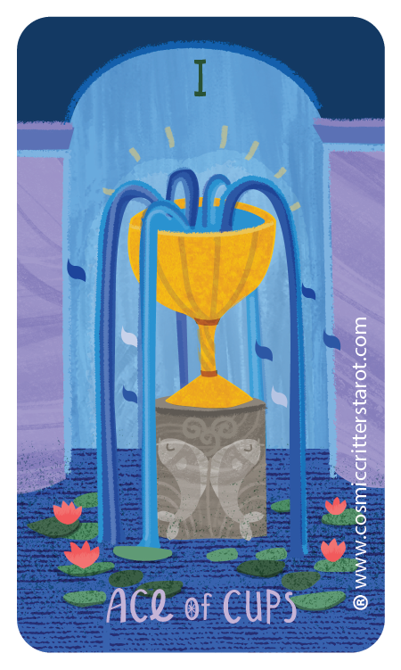 An illustration of a golden cup filled with water, with water flowing over the top, surrounded by lily pads and pink flowers on a pond. The background shows an arch with the letter 'I' and the text 'ACE OF CUPS' at the bottom.