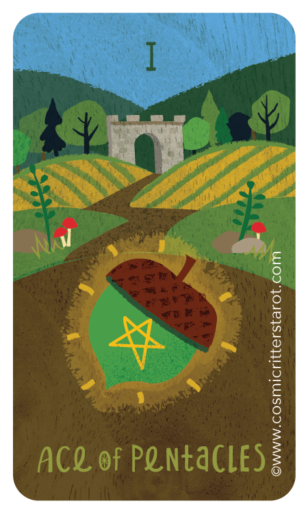 A tarot card named 'Ace of Pentacles' featuring a landscape with a castle, trees, hills, and mushrooms, with a pentacle symbol on a seed in the foreground.