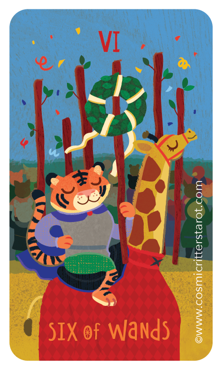 A colorful carnival scene featuring a tiger in a purple outfit riding a red unicycle, a giraffe holding a large green and yellow ring with the number six at the top, and a crowd of people in the background. The words "SIX of WANDS" are at the bottom, and the year 2025 is in the lower right corner.
