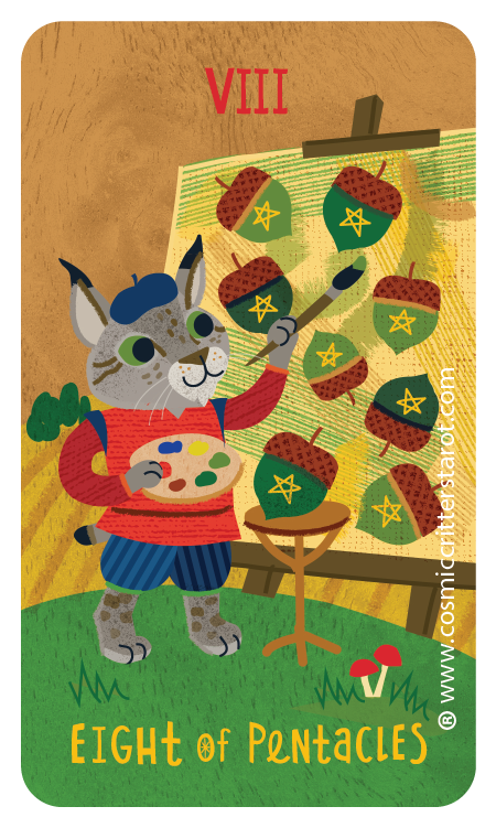 An anthropomorphic cat in a red sweater and blue pants painting eight pentacle symbols on acorns attached to a tree, with a palette in one paw and a brush in the other, on an easel, with a small table, green grass, mushrooms, and the number VII indicating the number seven in Roman numerals.