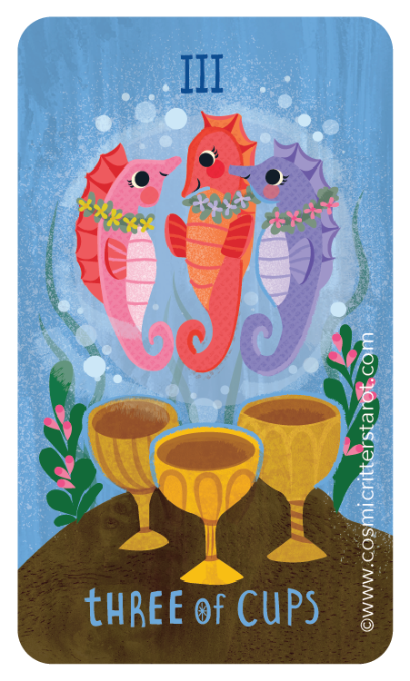 Three colorful seahorses with crowns and floral necklaces floating above three cups, set against a blue background with bubbles and plants, labeled "Three of Cups."