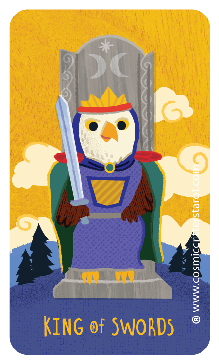 Cartoon owl dressed as a king holding a sword, sitting on a stone throne with moon and star symbols, surrounded by clouds and mountains, with the text 'King of Swords' at the bottom.