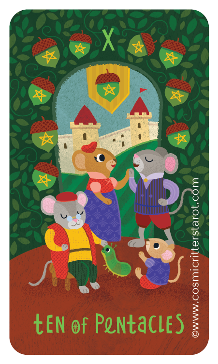 Colorful illustration of mice characters in front of a castle, surrounded by acorns with pentacle symbols, with the text "Ten of Pentacles" at the bottom.