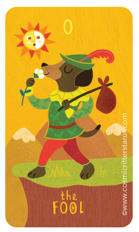 Cartoon illustration of a dog dressed as a woodsman, wearing a hat with a feather, holding a flower in one paw and a stick with a bag tied to it, standing on a tree stump with mountains in the background, a smiling sun in the sky, and the text 'the FOOL' at the bottom.