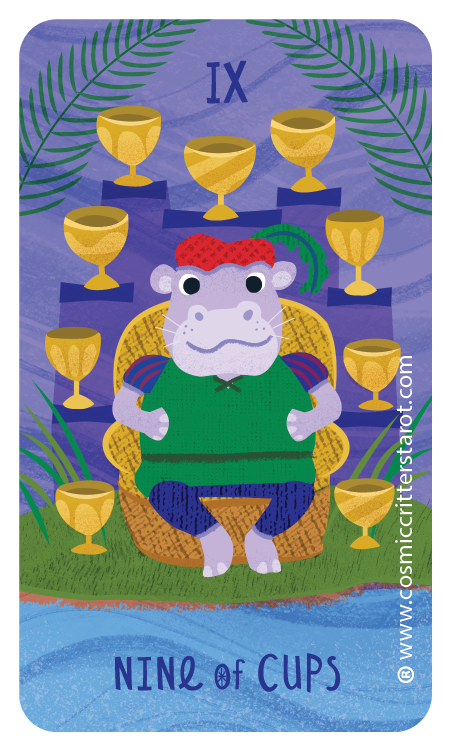 Illustration of the Nine of Cups tarot card featuring a hippo sitting on a throne surrounded by nine golden cups, with a blue background, green plants, and a Roman numeral IX at the top.