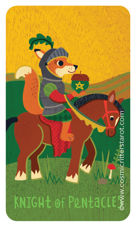 A cartoon fox dressed as a knight riding a horse, holding a bowl with a star and heart symbol. The background features a yellow sky and green landscape with hills and plants. The text at the bottom reads "Knight of Pentacles 2025".
