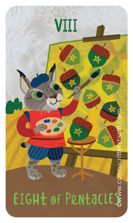 An anthropomorphic cat in a red sweater and blue pants painting eight pentacle symbols on acorns attached to a tree, with a palette in one paw and a brush in the other, on an easel, with a small table, green grass, mushrooms, and the number VII indicating the number seven in Roman numerals.