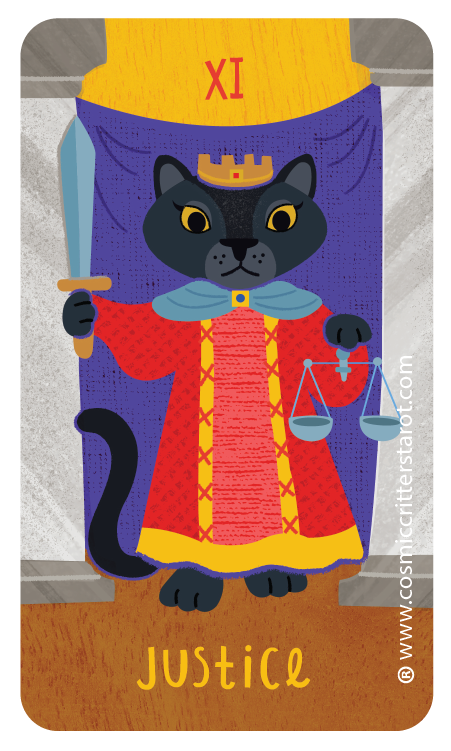 An illustrated black cat dressed as Lady Justice, wearing a crown, red robe, holding a sword in one paw and scales in the other, standing in front of a purple backdrop with the Roman numeral XIV at the top and the word "Justice" at the bottom.