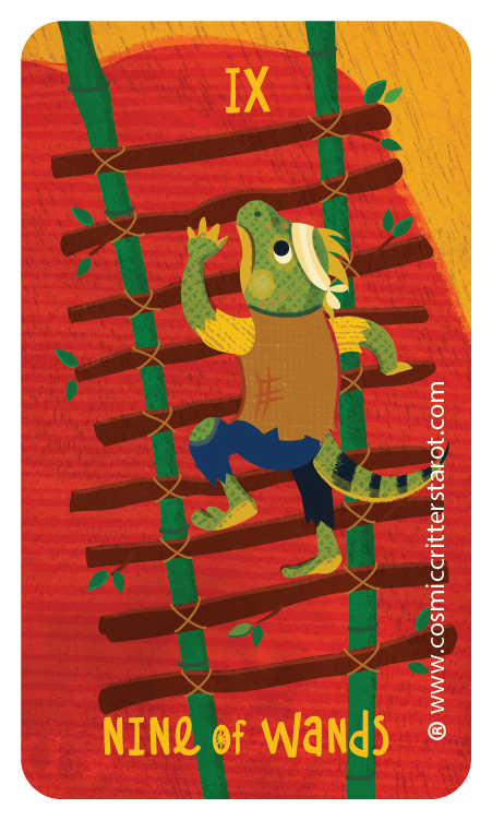 A colorful illustration of a crocodile climbing a wooden and rope ladder with green leaves, on a red and yellow background, labeled 'IX Nine of Wands'.