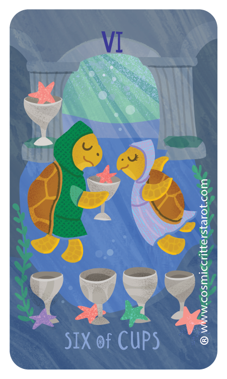 Two turtles dressed as brides are exchanging cups under an arch reading VI, with ocean scenery in the background. Six cups are at the bottom, and the tarot card says 'Six of Cups.'